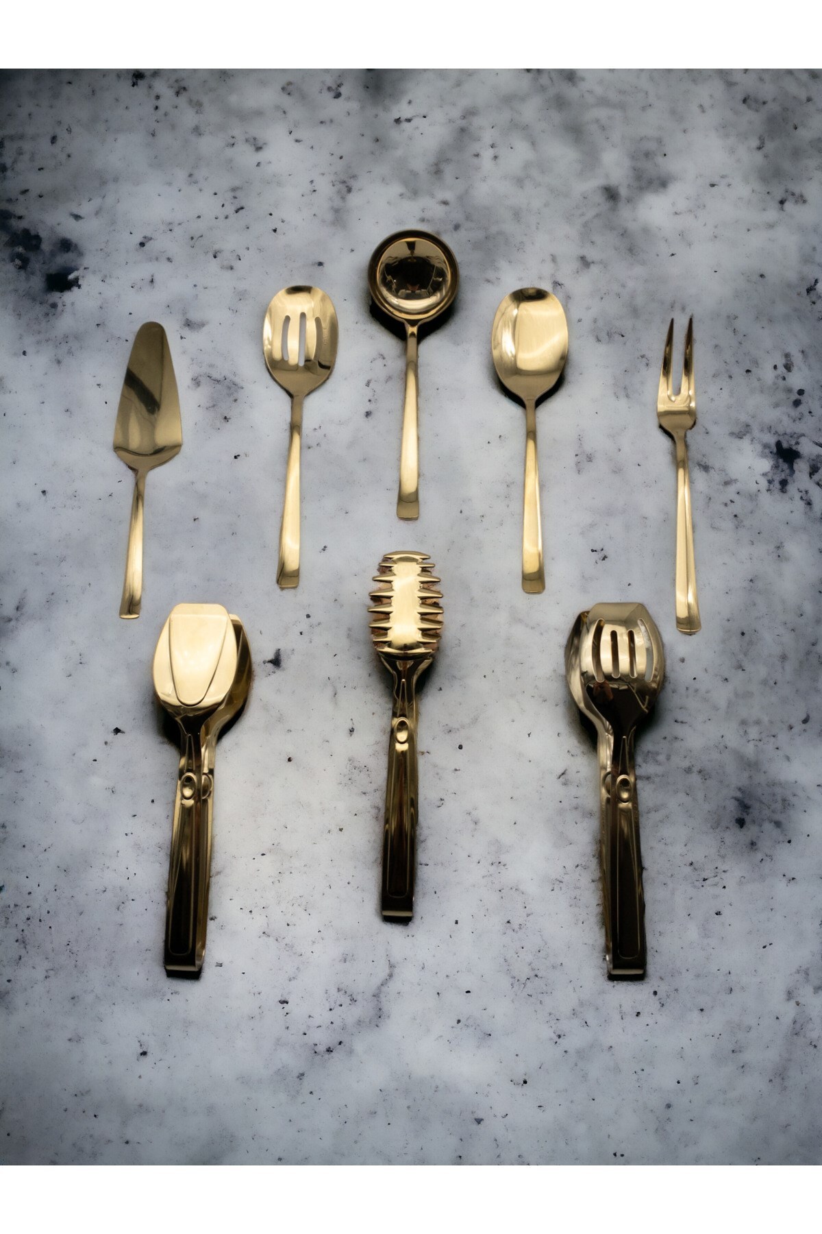 8 Piece Stainless Steel Gold Colander, Ladle, Shovel, Fork, Spoon and Tongs Serving Set - Dowry Holder