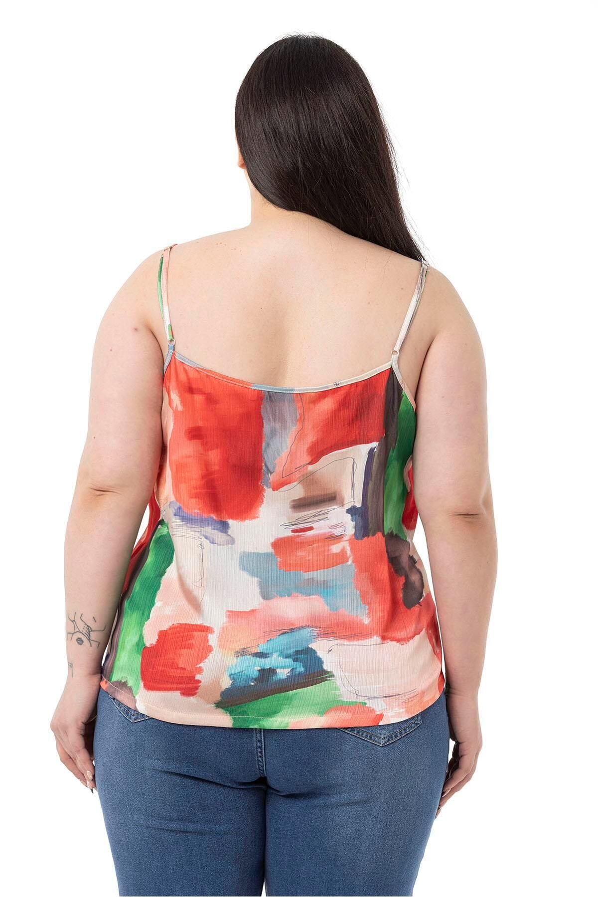 DISENTIS MODEST-Plus Size Adjustable Thin Strap Buttoned Front Tie-Dye Patterned Red Blouse 3