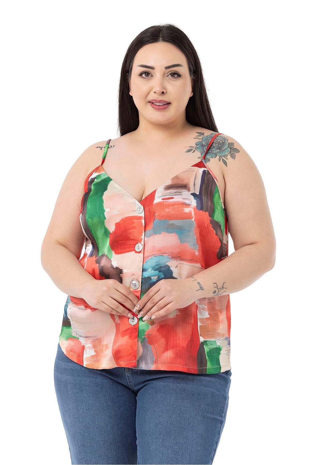DISENTIS MODEST-Plus Size Adjustable Thin Strap Buttoned Front Tie-Dye Patterned Red Blouse 1