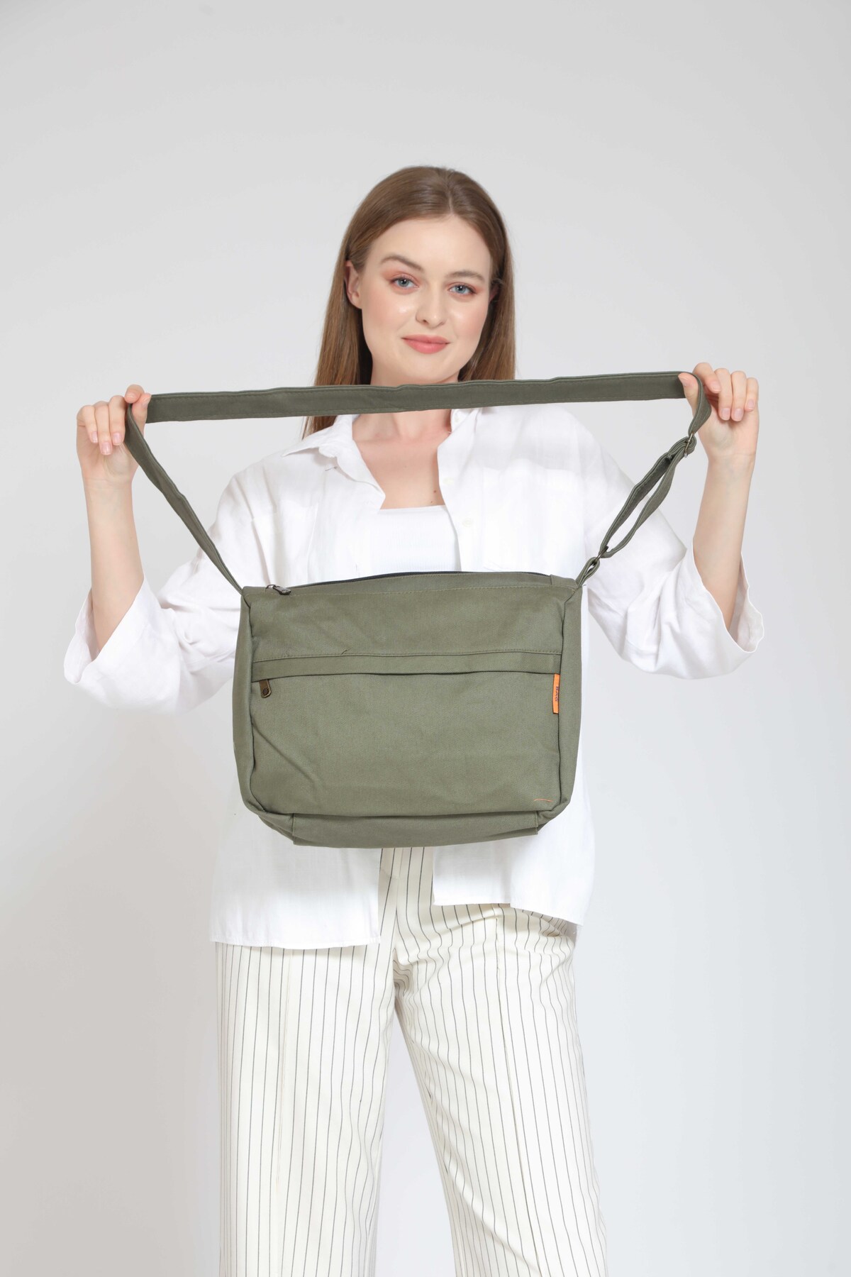 Street Bag Tasarım Düz Haki Renk Postacı İş Okul Evrak Laptop Çantası Günlük Kullanım Omuz Çantası görsel 3