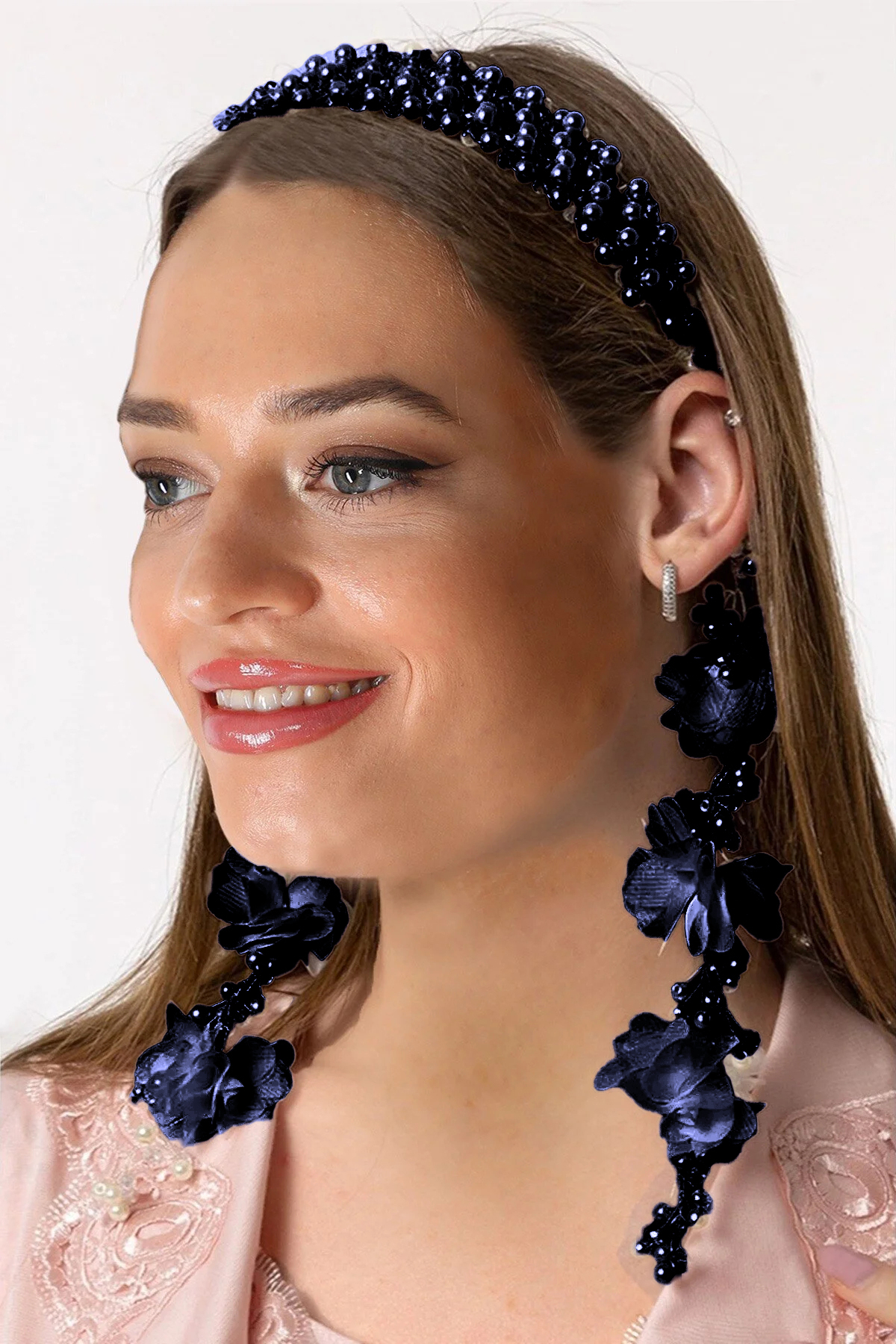 lohusahamile Özel Tasarım Sarkan Küpeli Lacivert İncili Lohusa Tacı