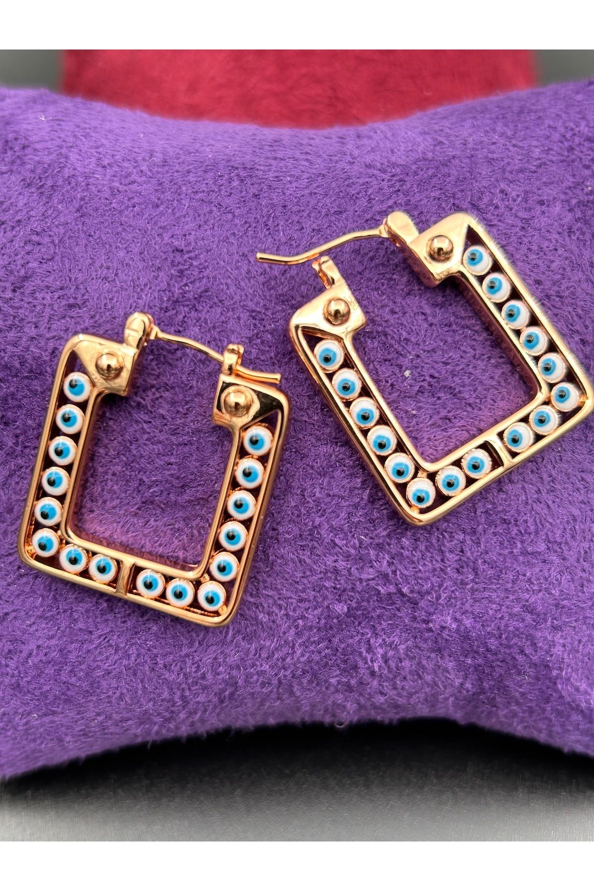 ByMerve-Bym082 Steel Water Resistant Square 3 Cm Blue Evil Eye Beaded Rose Gold Women's Steel Earrings 3