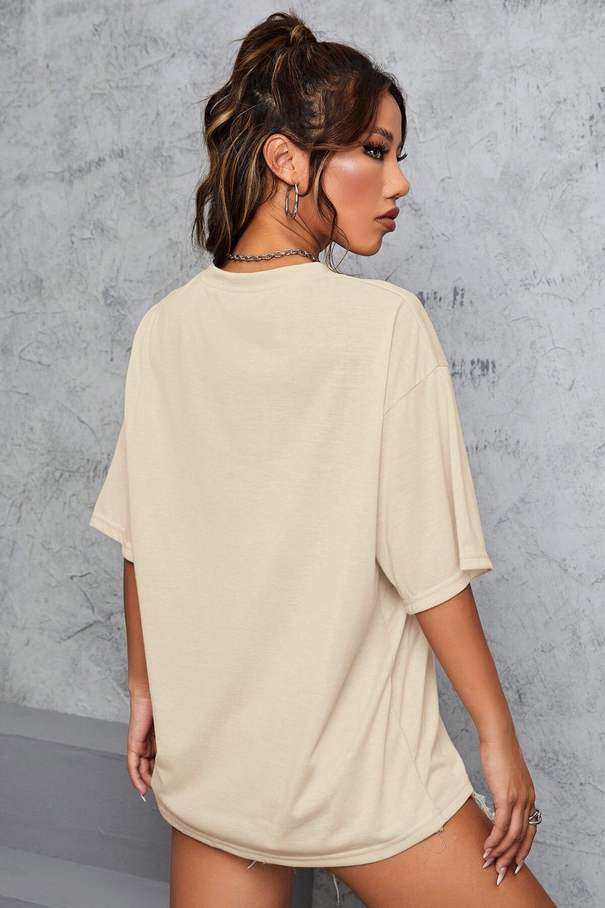 MODAGEN-Μπλουζάκι Unisex Beige Crew Neck New York Printed Oversize T-shirt 2