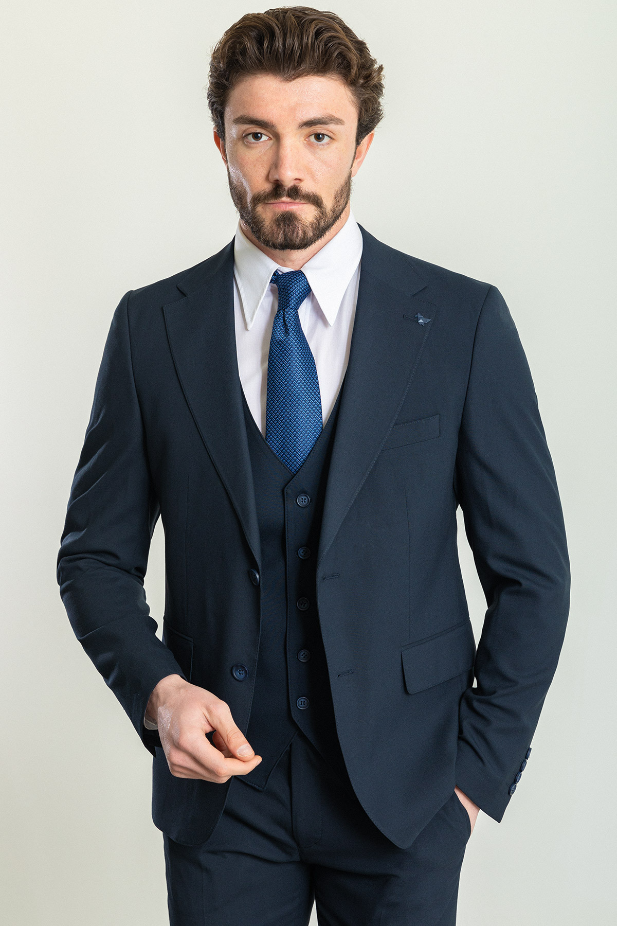 Patterned Camel Color Slim Fit Mono Collar Wool Men's Suit