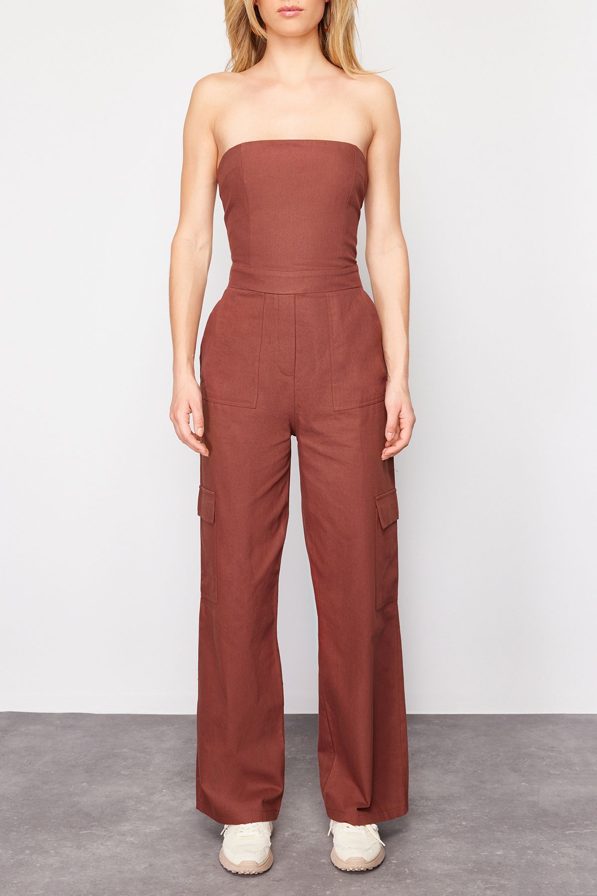 Trendyol Collection-Brown Cargo Pocket Strapless Collar Maxi Woven Jumpsuit TWOSS23TU00192 4