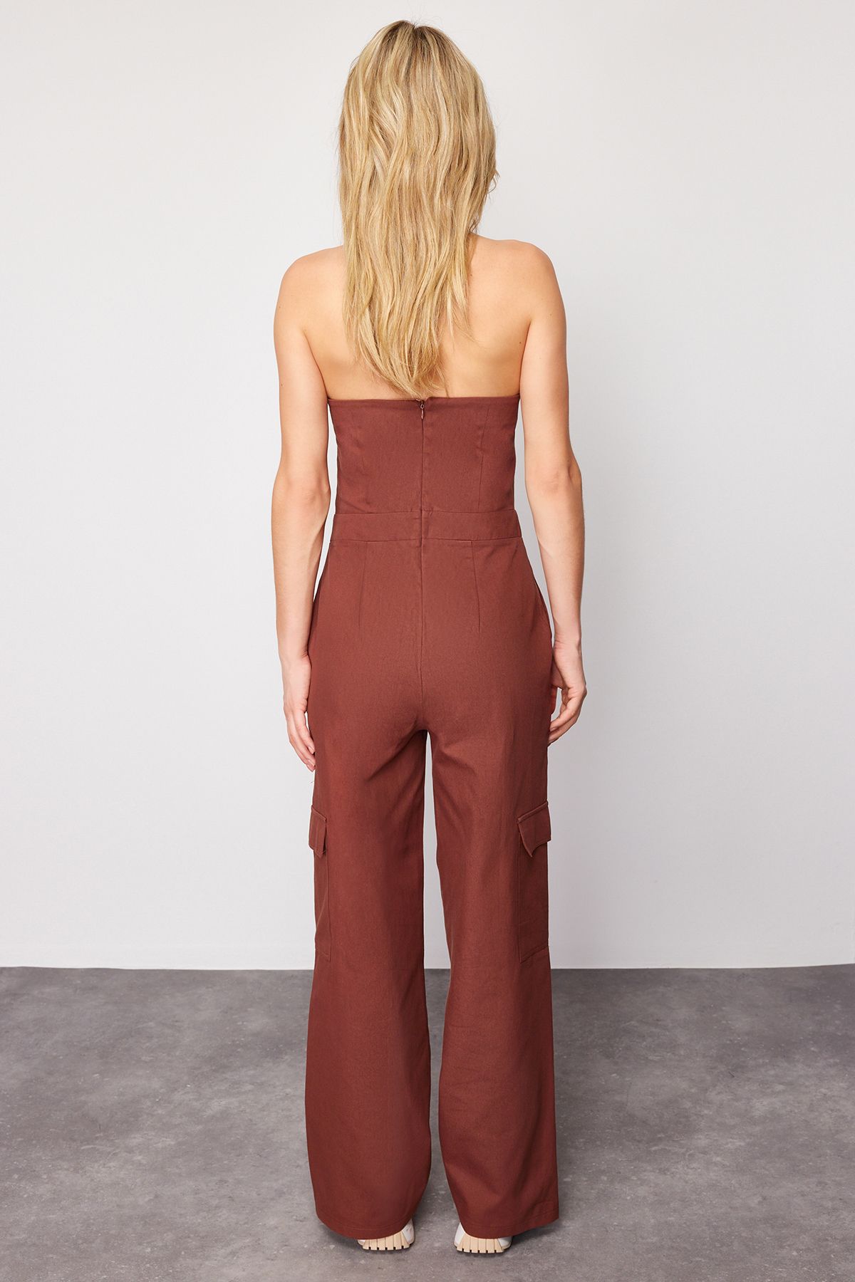 Trendyol Collection-Brown Cargo Pocket Strapless Collar Maxi Woven Jumpsuit TWOSS23TU00192 6