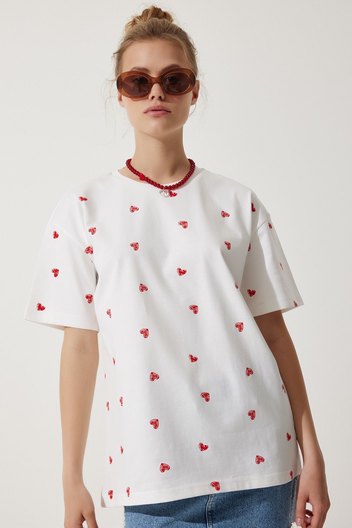 Happiness İstanbul-Women's White Heart 100% Cotton Oversize Long Knitted T-Shirt NJ00148 2