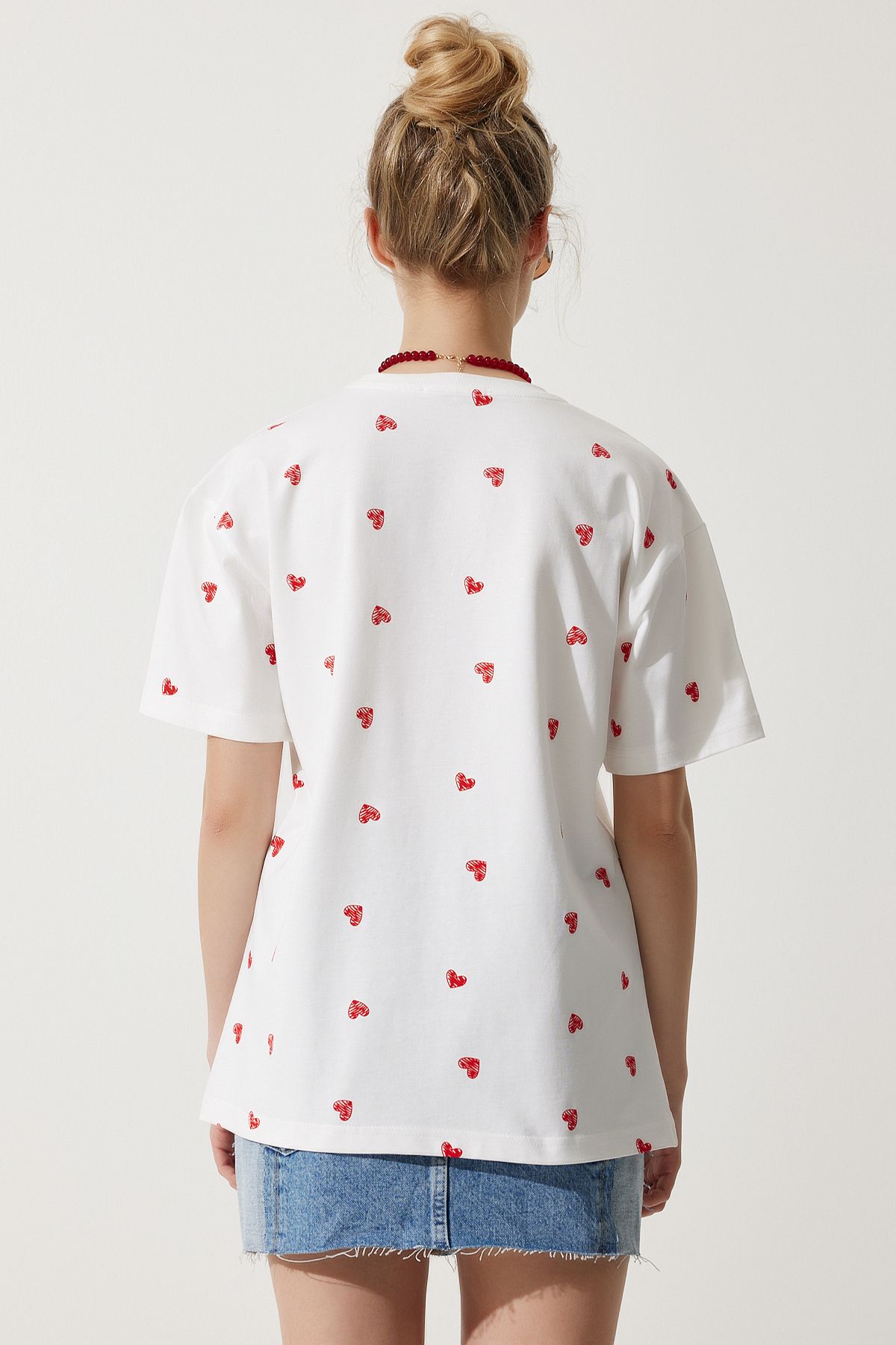 Happiness İstanbul-Women's White Heart 100% Cotton Oversize Long Knitted T-Shirt NJ00148 5