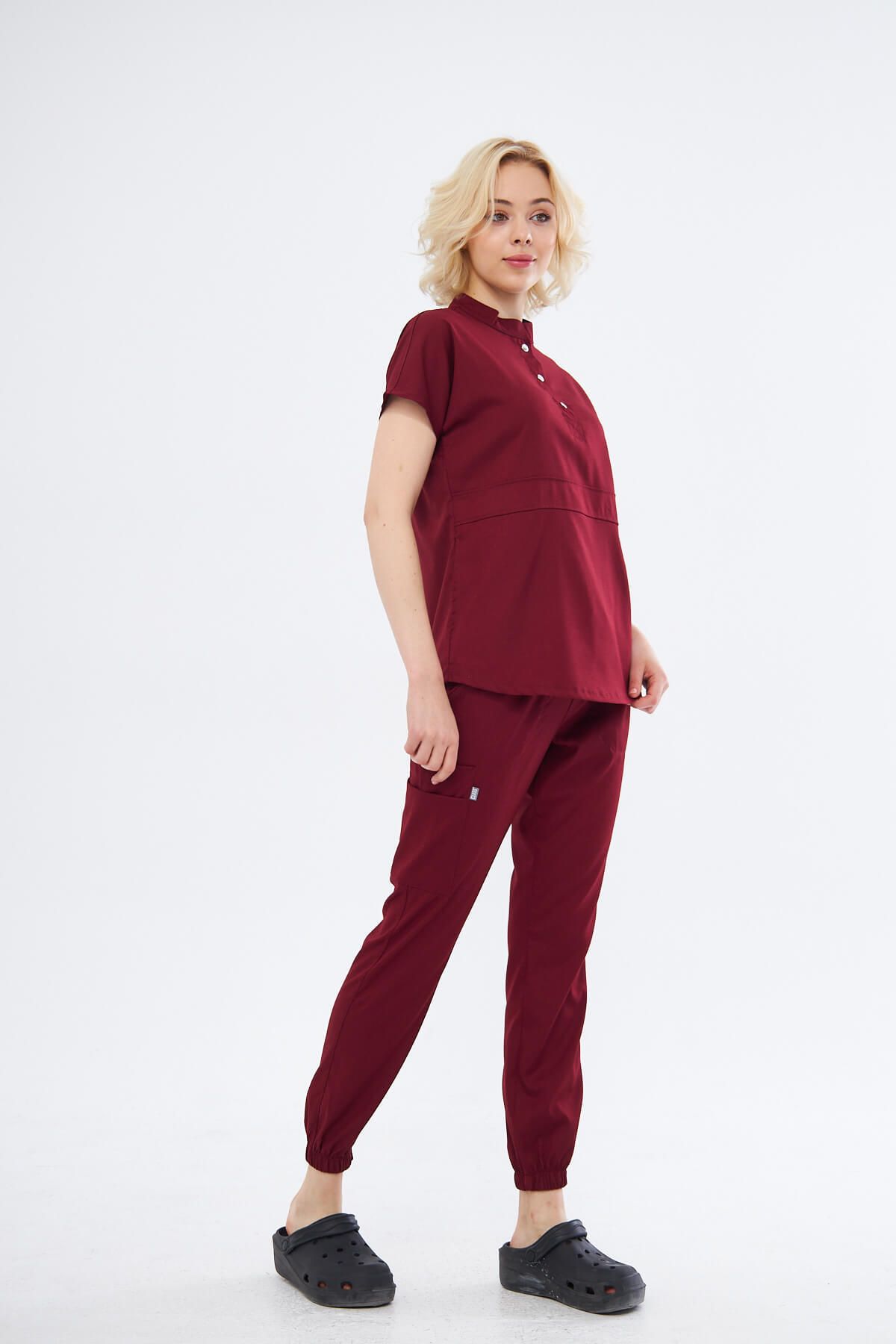 Class Üniforma-Nova - Claret Red Flexible Lycra Women's Scrubs with Prevailing Neckline and Half Placket Snaps 4