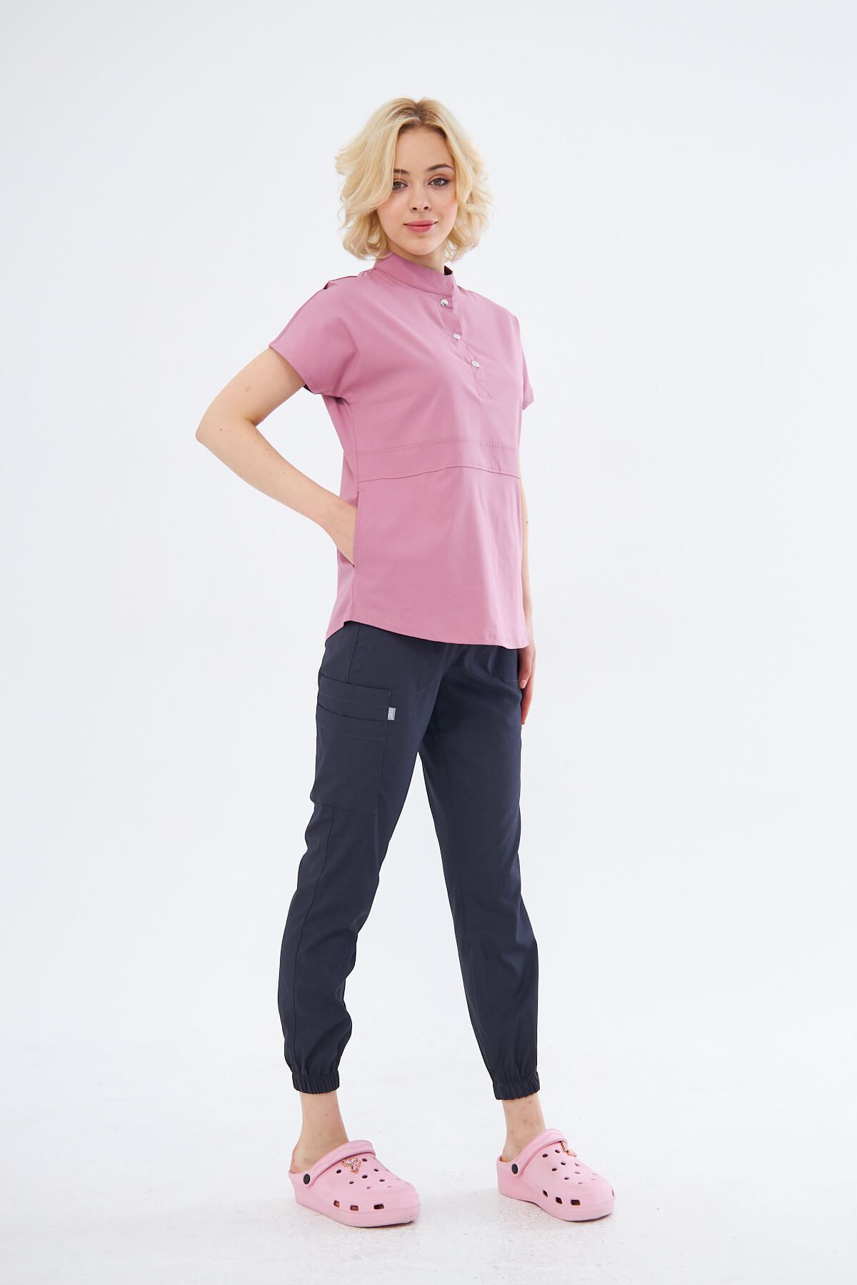 Class Üniforma-Nova - Scrubs flexibil din lycra afumat cu pulbere pentru femei, guler predominant și jumătate de plăcuță 4