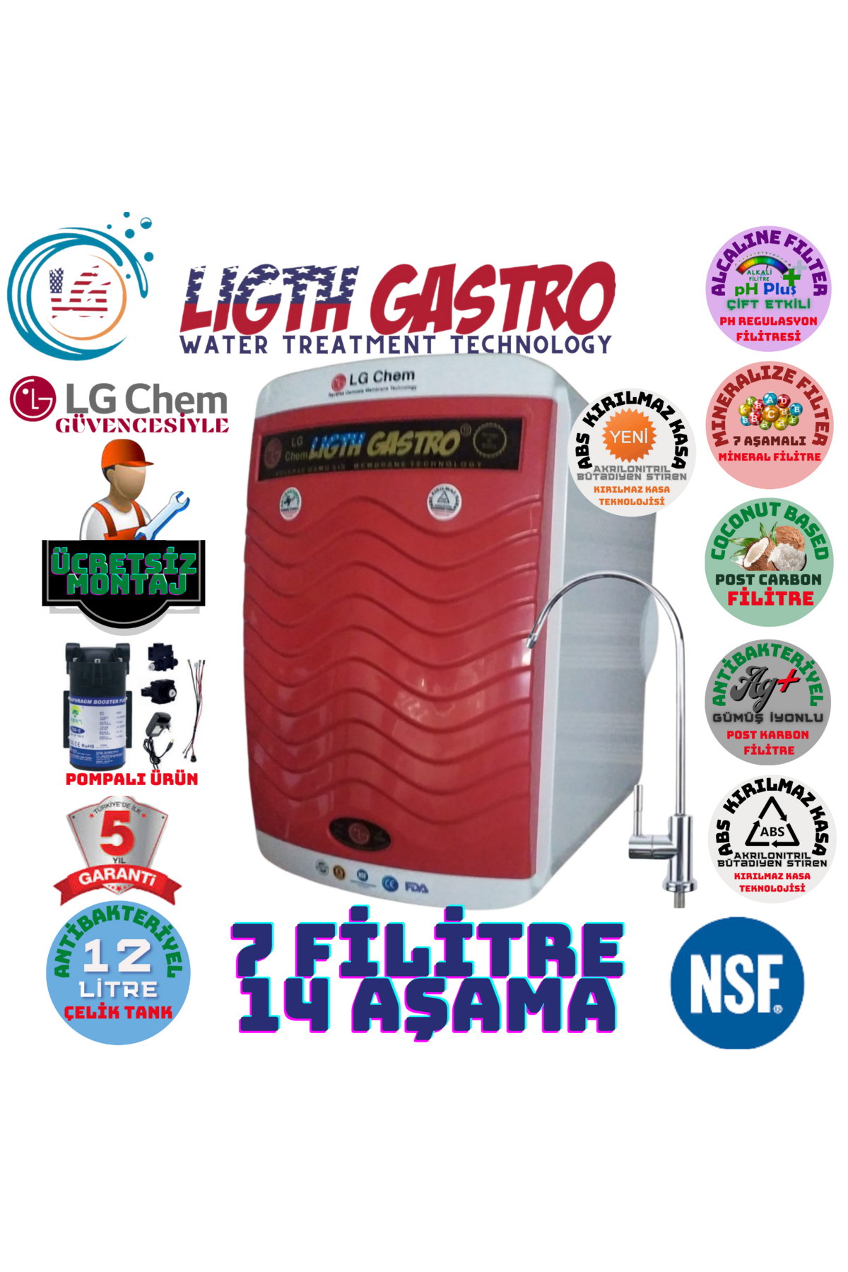 light gastro Lg Chem Pompalı Montaj Dahil Kırmızı Renk 12 Litre 14 Aşama 7 Filitre Su Arıtma Cihazı