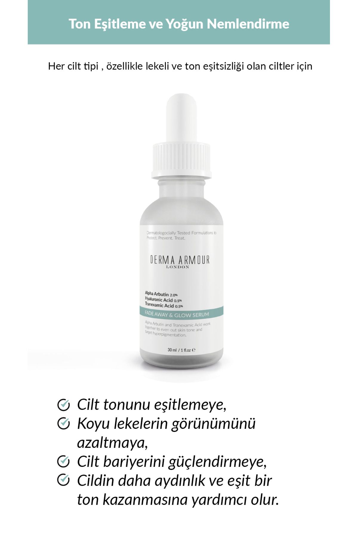 سرم پوست FADE AWAY & GLOW LIGHTING AND SERUM مراقبت از 2 ٪ آربوتین و اسید هیالورونیک 30 میل derma armour