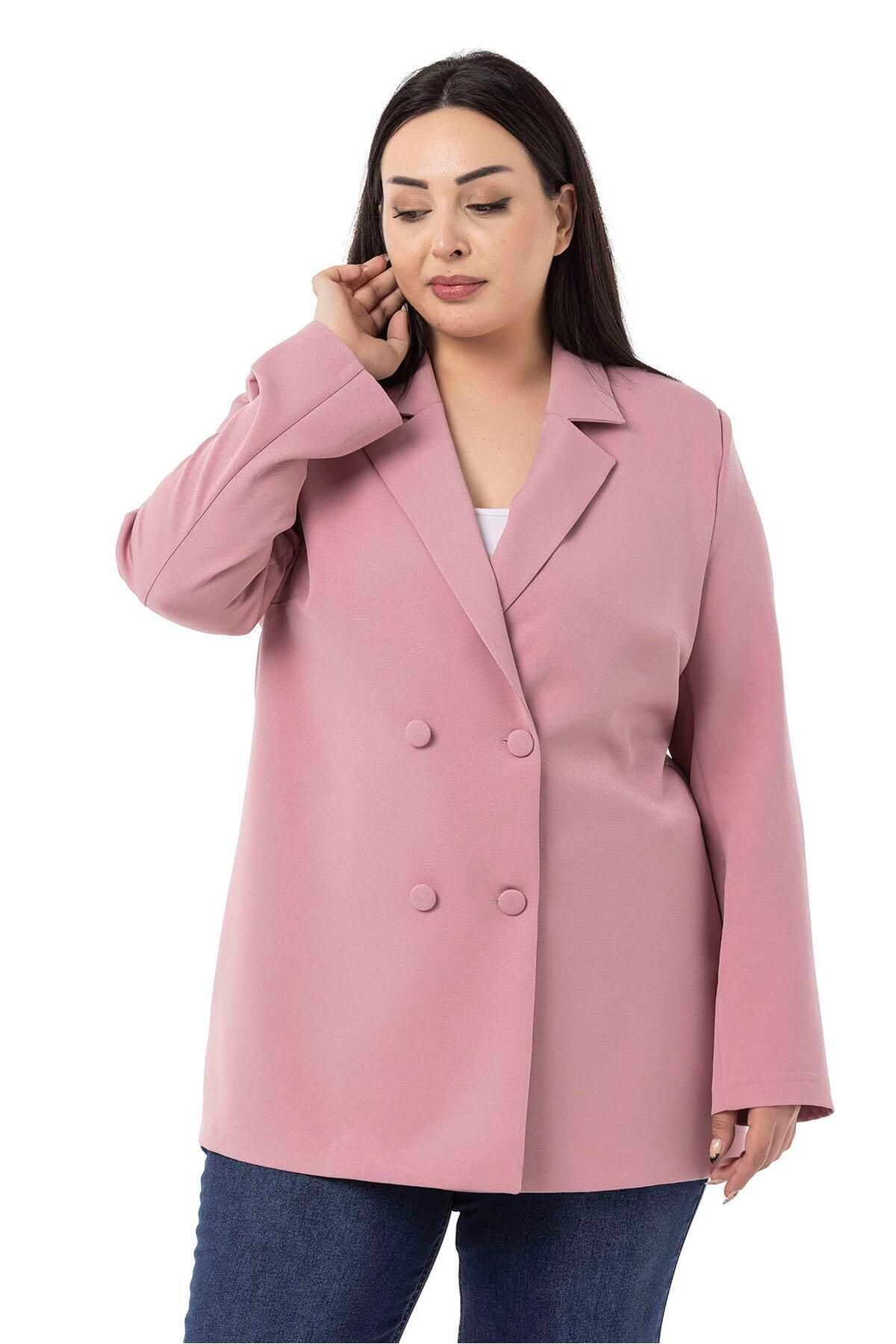DISENTIS MODEST-Plus Size Covered Buttoned Double Breasted Dried Rose Unlined Jacket 5