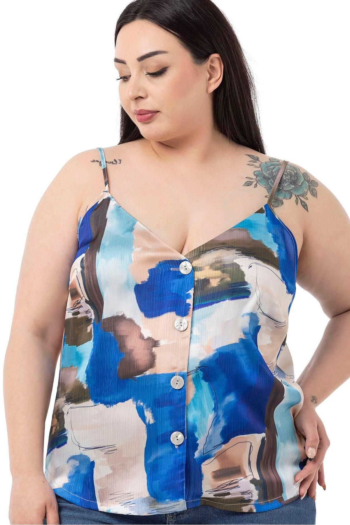 DISENTIS MODEST-Plus Size Adjustable Thin Strap Buttoned Front Tie-Dye Patterned Blue Blouse 4
