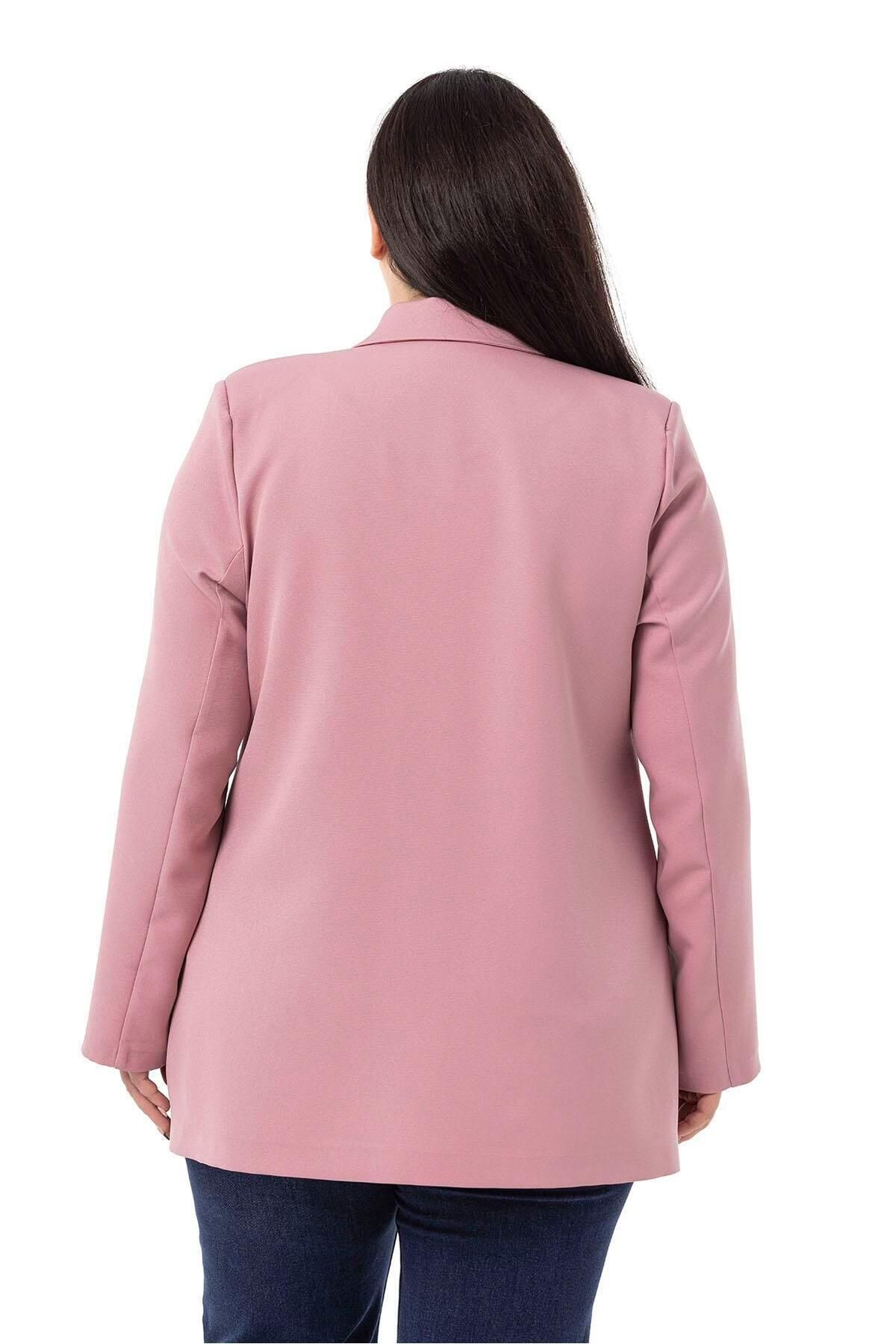 DISENTIS MODEST-Plus Size Covered Buttoned Double Breasted Dried Rose Unlined Jacket 3