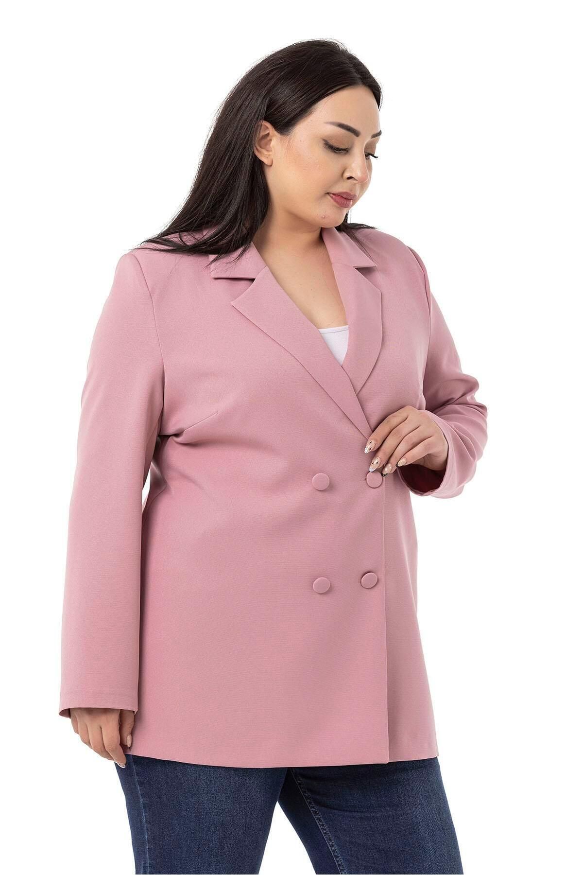 DISENTIS MODEST-Plus Size Covered Buttoned Double Breasted Dried Rose Unlined Jacket 4