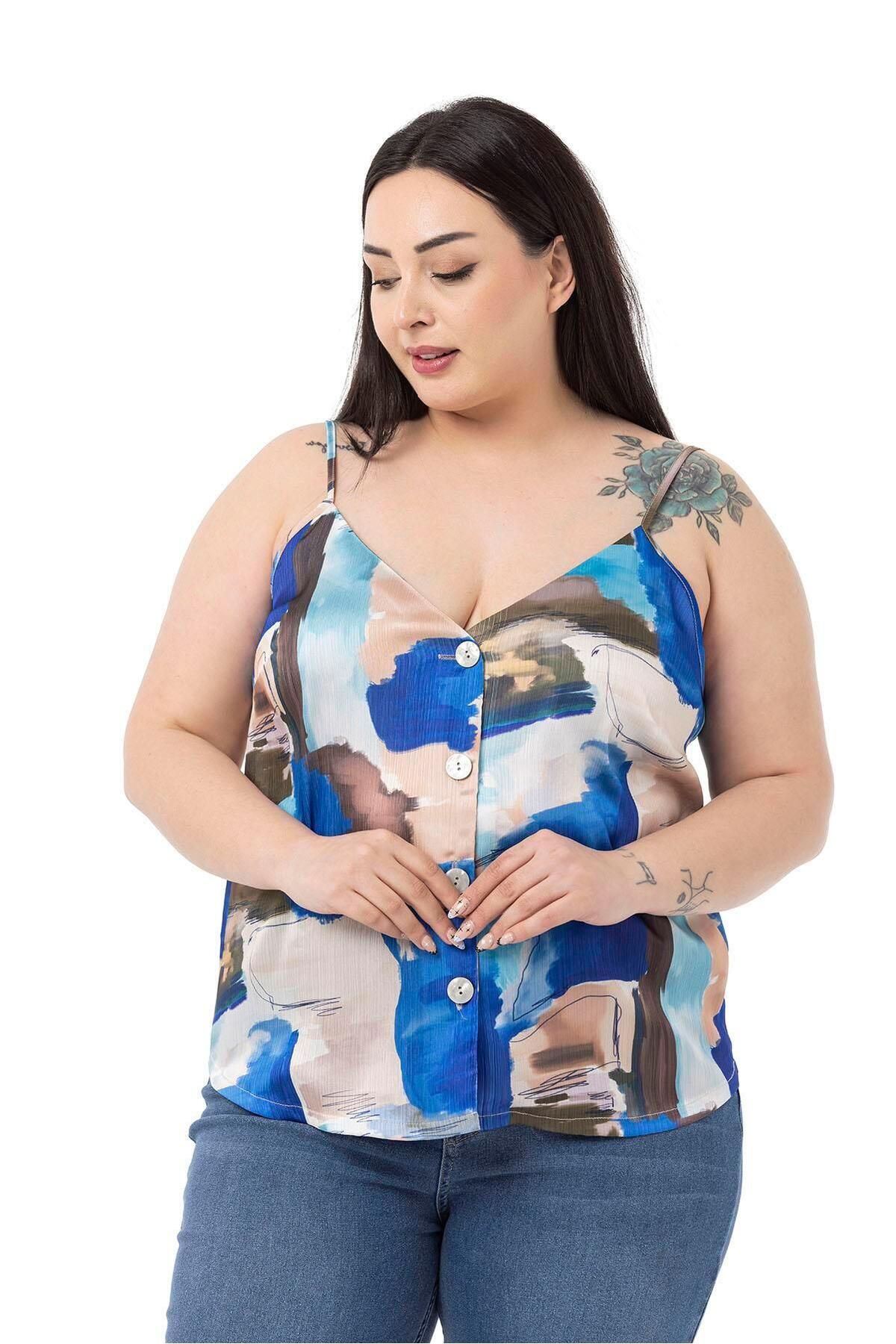 DISENTIS MODEST-Plus Size Adjustable Thin Strap Buttoned Front Tie-Dye Patterned Blue Blouse 5