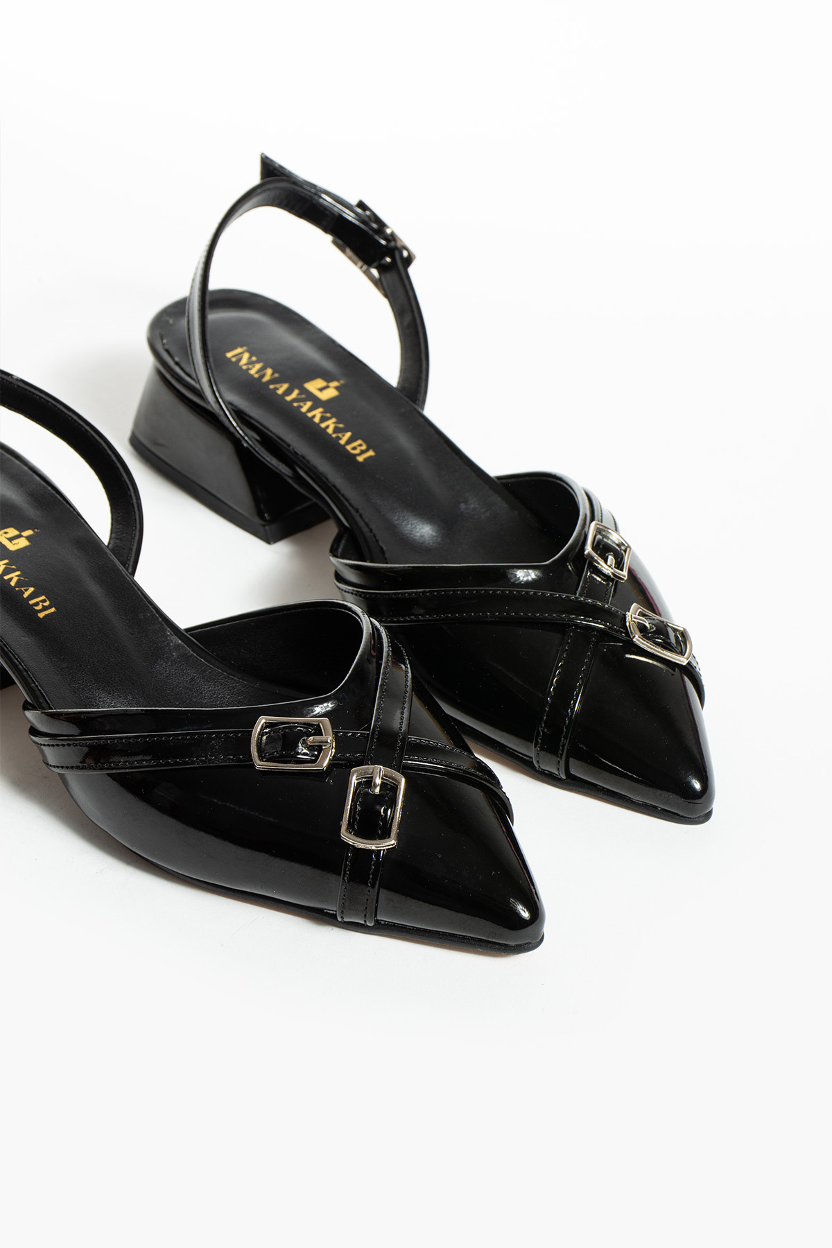 İnan Ayakkabı-Pantofi cu toc detaliat cu cataramă din piele neagră pentru femei (3 CM) 1