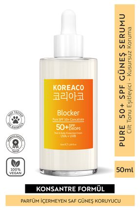 KOREACO Blocker %100 Saf SPF 50+ Suya Dayanıklı Yüksek UVB+UVA Korumalı 50ml Güneş Serumu