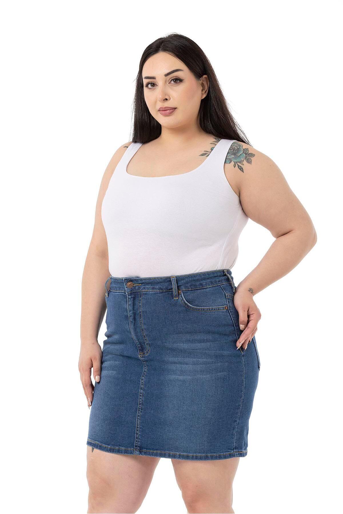 DISENTIS MODEST  Büyük Beden Taşlama Detaylı Beş Cepli Mavi Mini Denim Etek - Görsel 6