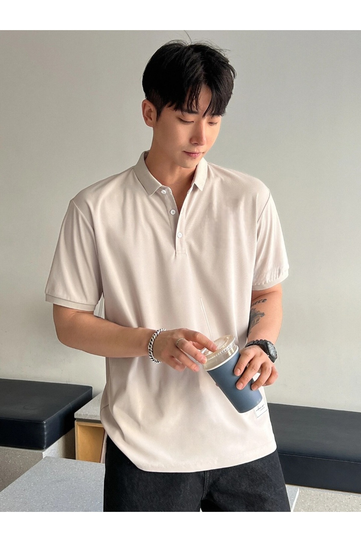 Erkek Krem Pamuklu Kumaş Slim Fit Polo Yaka T-shirt