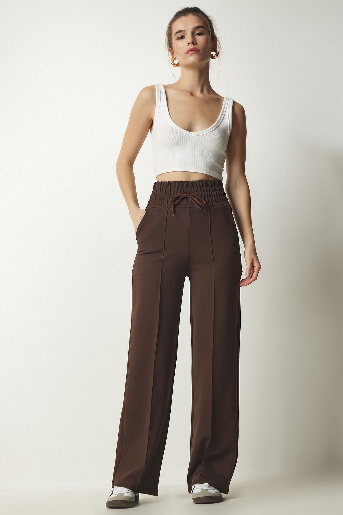 Happiness İstanbul-Braune Basic-Strick-Jogginghose mit Taschen für Damen XR00018 3