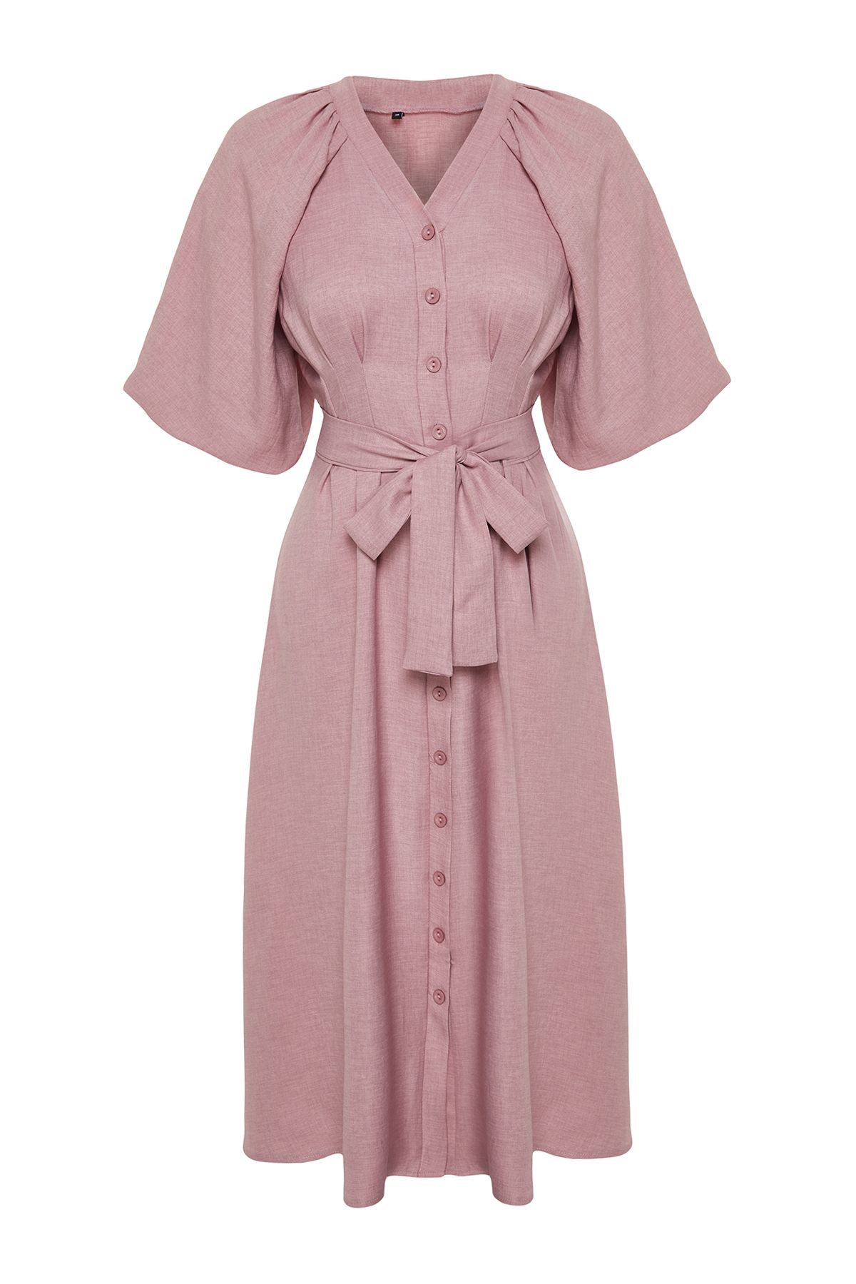 Trendyol Modest-Růžové s páskem s polovičním balonovým rukávem, plátěný vzhled, tkané košilové šaty TCTSS24EB00014 7