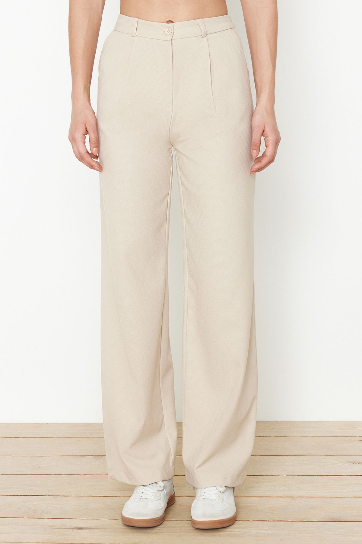 Trendyol Collection-Μπεζ παντελόνι με φαρδύ πόδι/φαρδύ υφαντό παντελόνι TWOSS24PL00084 4