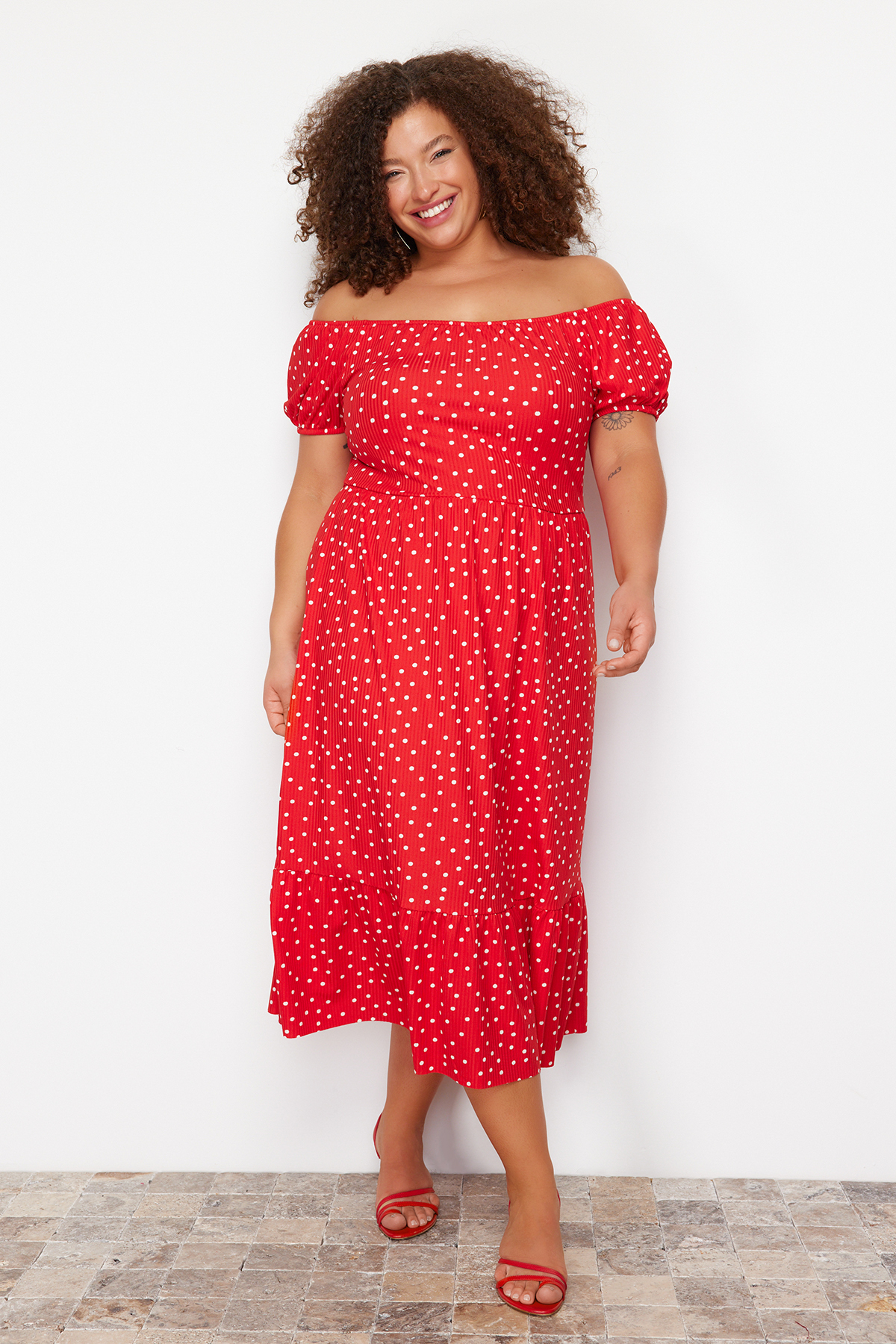 strapless open back dress Plus Size Red Polka Dot Ruffle Strappy Mesh Maxi Dress – Fashion//SZN main image 1