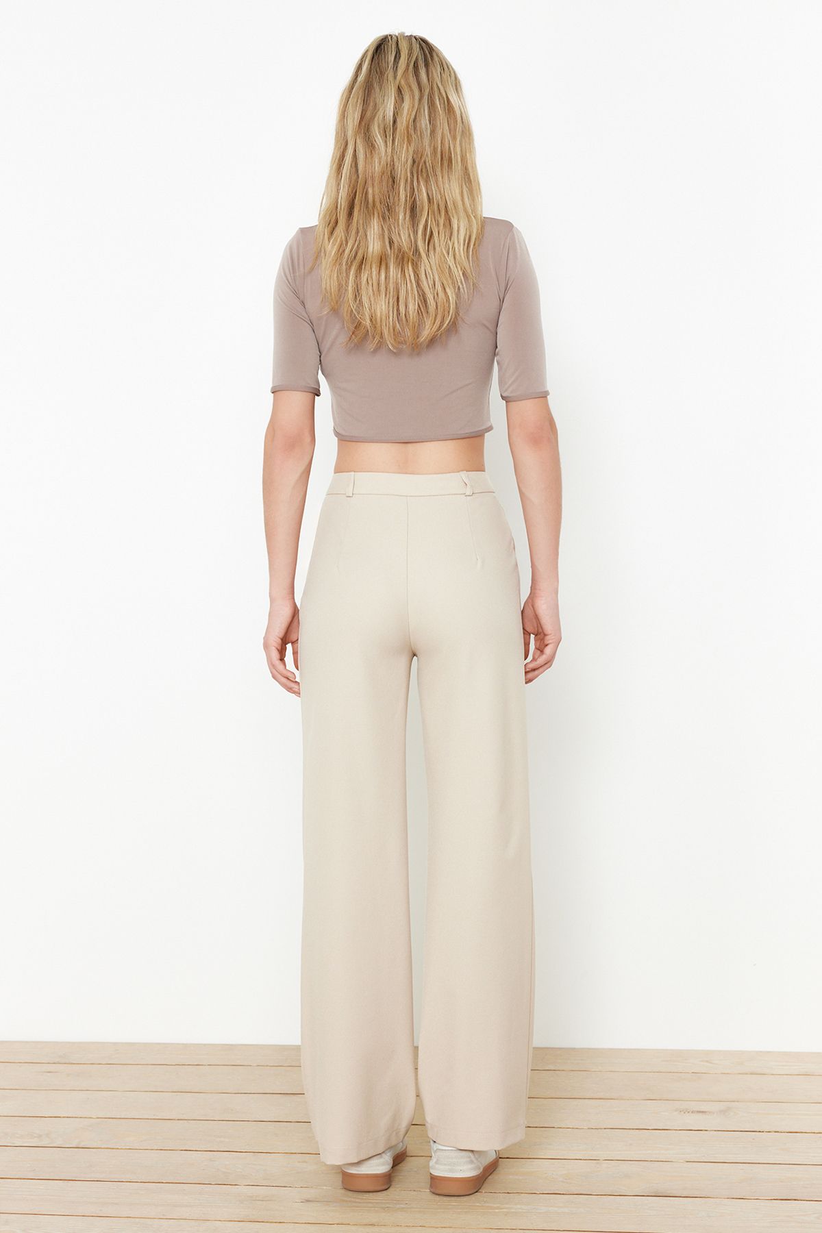 Trendyol Collection-Μπεζ παντελόνι με φαρδύ πόδι/φαρδύ υφαντό παντελόνι TWOSS24PL00084 6