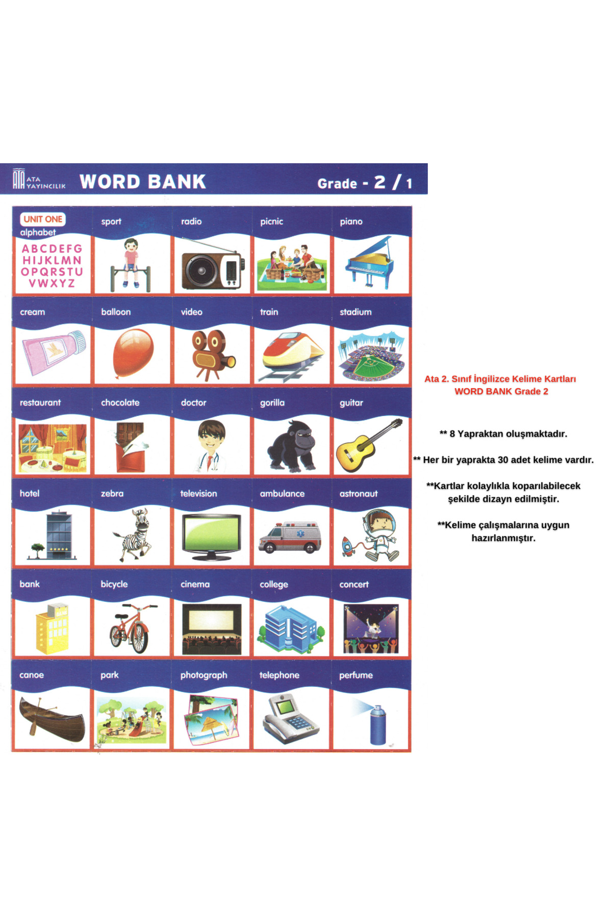 Ata Yayıncılık 2. Sınıf İngilizce Kelime Kartları WORD BANK Grade 2 Ata Yayıncılık