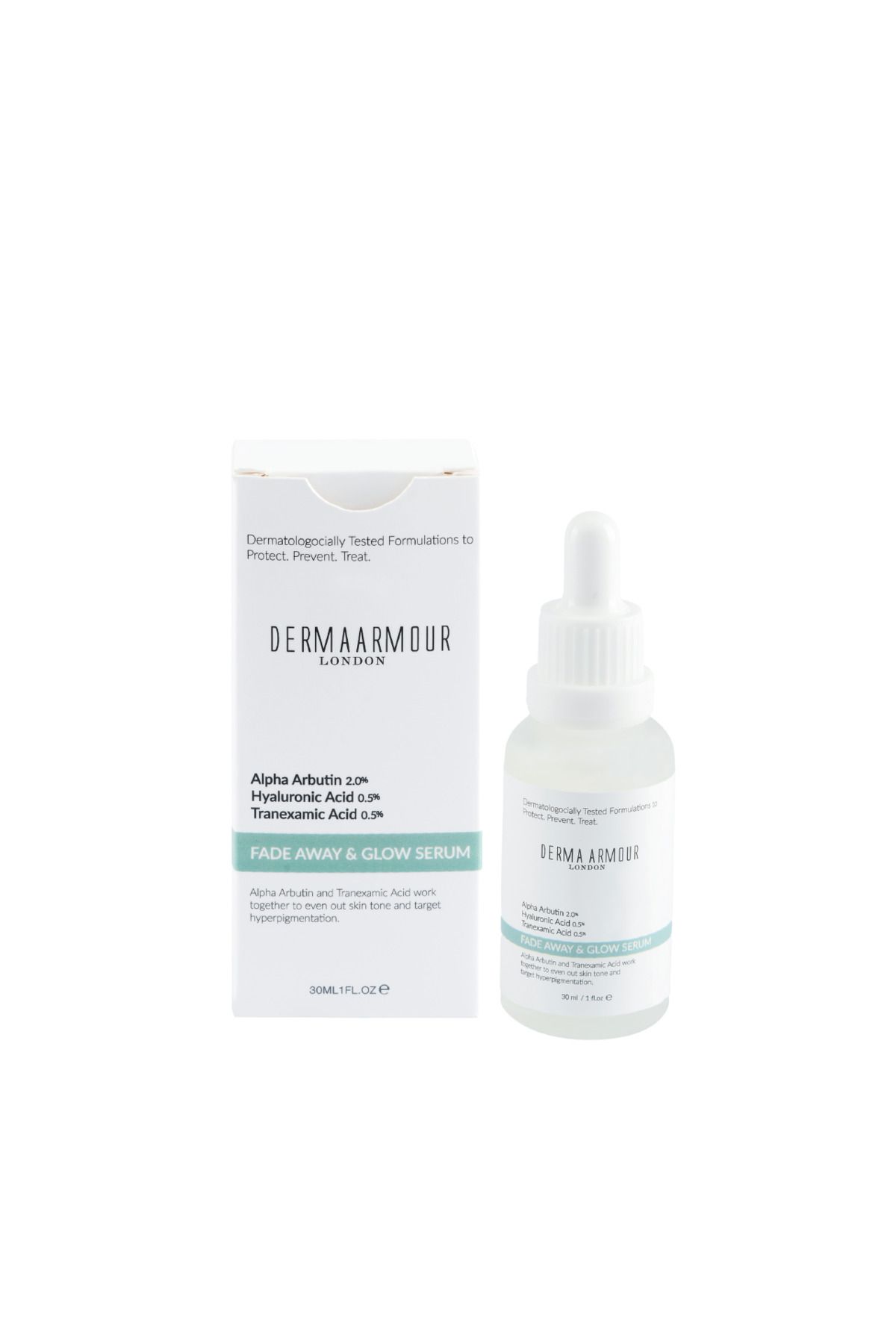سرم پوست FADE AWAY & GLOW LIGHTING AND SERUM مراقبت از 2 ٪ آربوتین و اسید هیالورونیک 30 میل derma armour