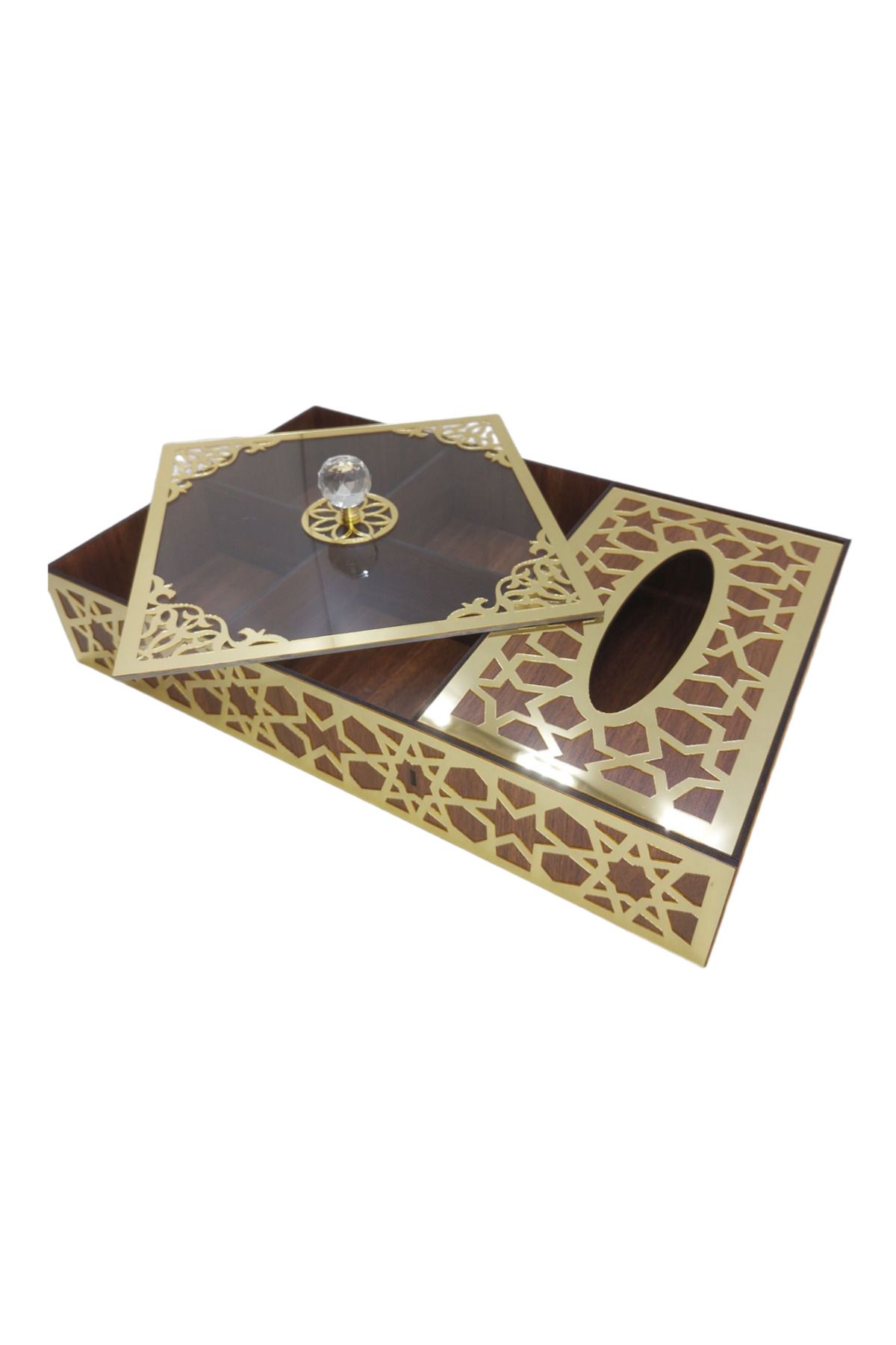 şamaksesuar Cutie De Șervețele Din Lemn Special Pentru Delicii Turcești - Ciocolată - Bomboane - Nuci 4 Secțiuni (maro Și Aur) - One Size