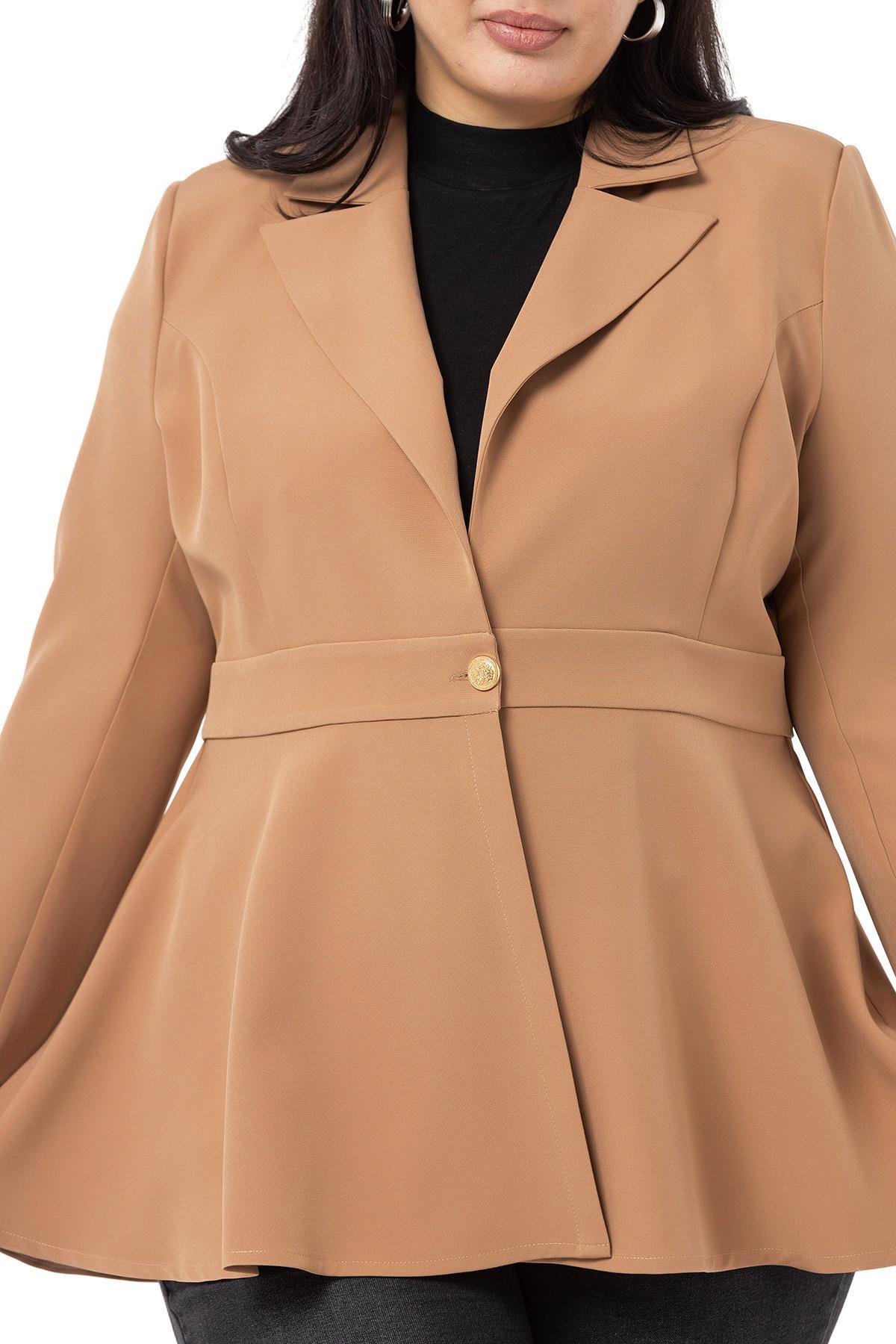 DISENTIS MODEST-Large Size Single Button Waist Detailed Flared Unlined Mink Jacket 4