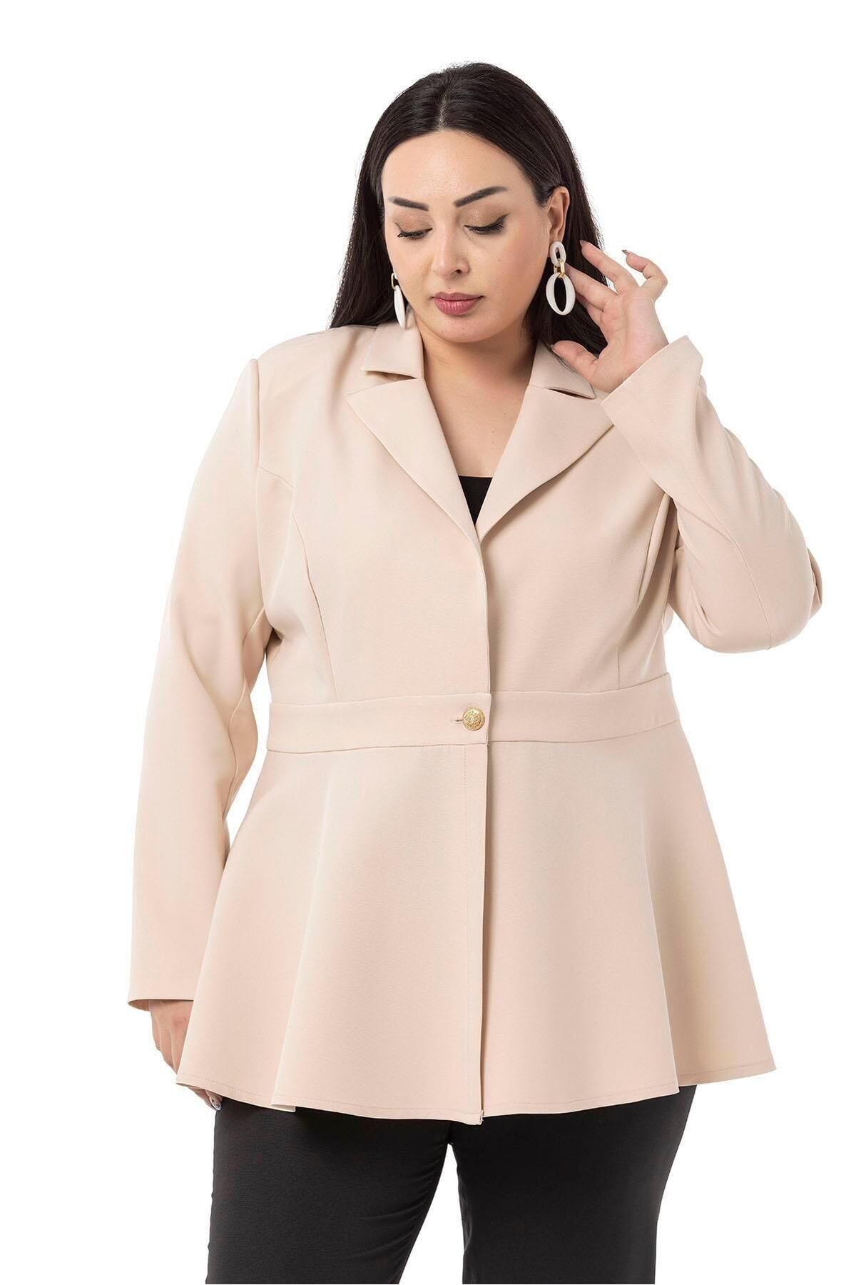 DISENTIS MODEST-Large Size Single Button Waist Band Detailed Flared Unlined Cream Jacket 2