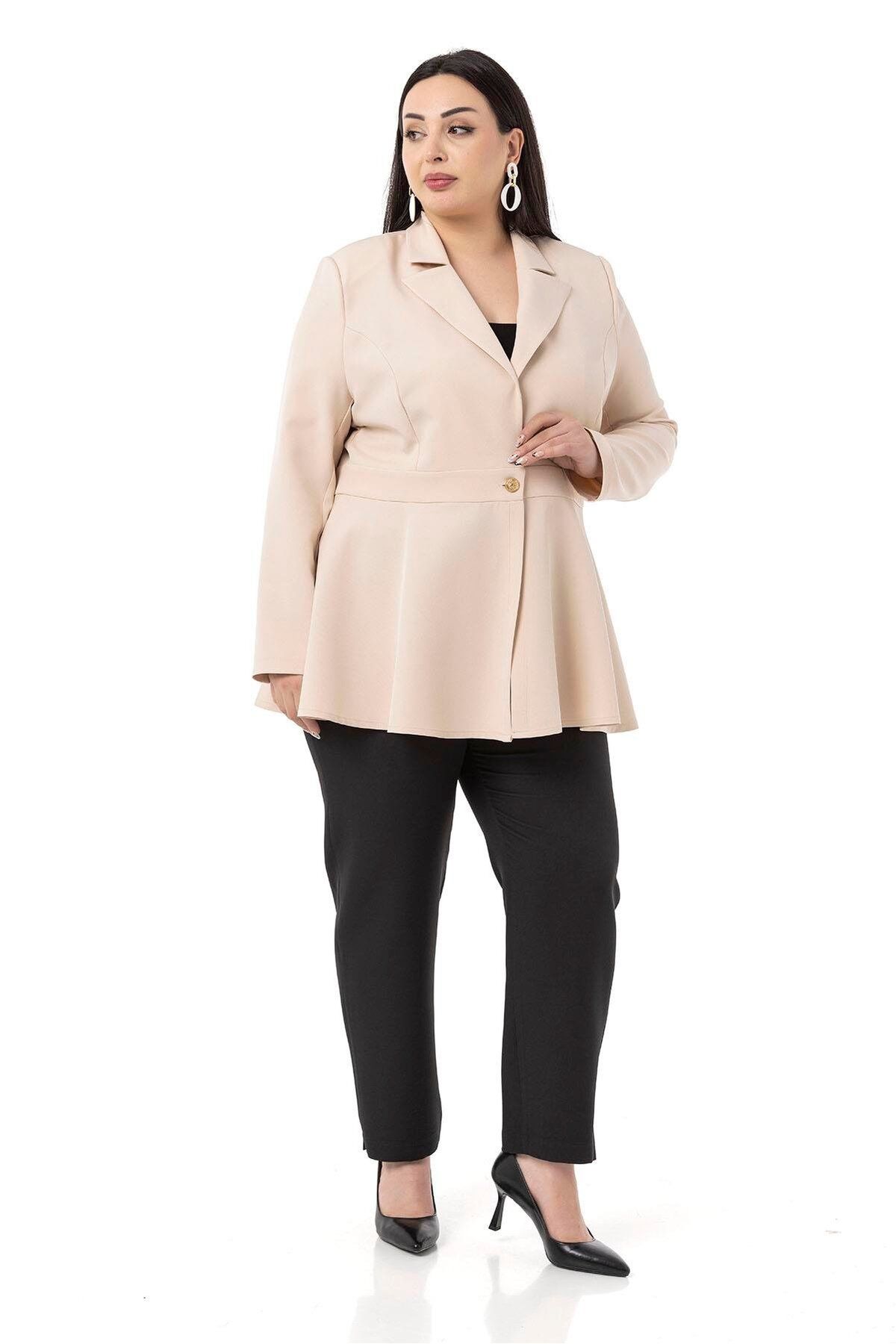 DISENTIS MODEST-Large Size Single Button Waist Band Detailed Flared Unlined Cream Jacket 5