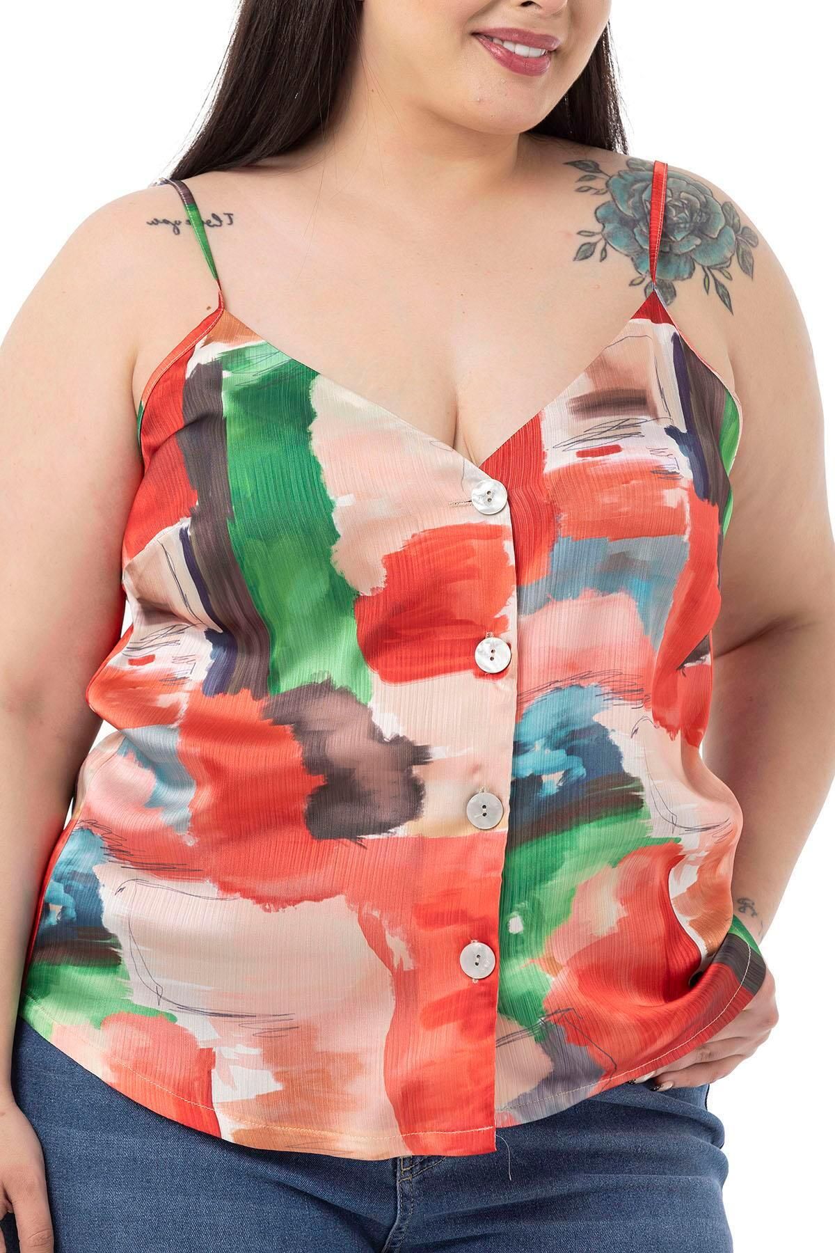 DISENTIS MODEST-Plus Size Adjustable Thin Strap Buttoned Front Tie-Dye Patterned Red Blouse 4