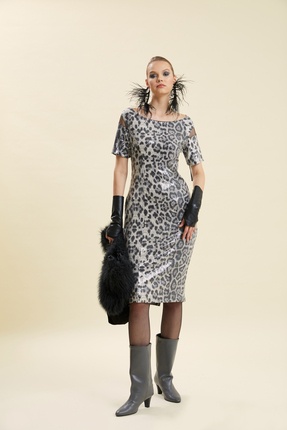 VERDA Leopar Desenli Payetli Abiye Elbise