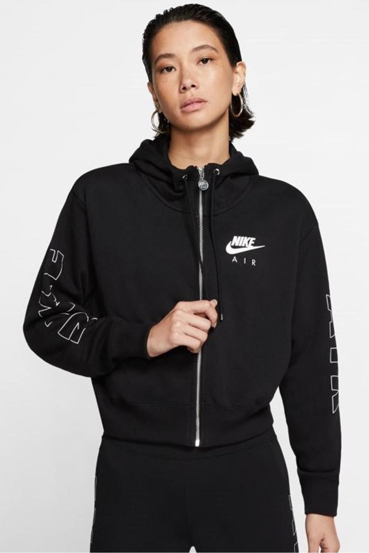 Nike Air Sportswear Fleece Cropped Loose Fit Full Zip Hoodie Kapu onlu Bol Sweatshirt Siyah Kad n Giyim