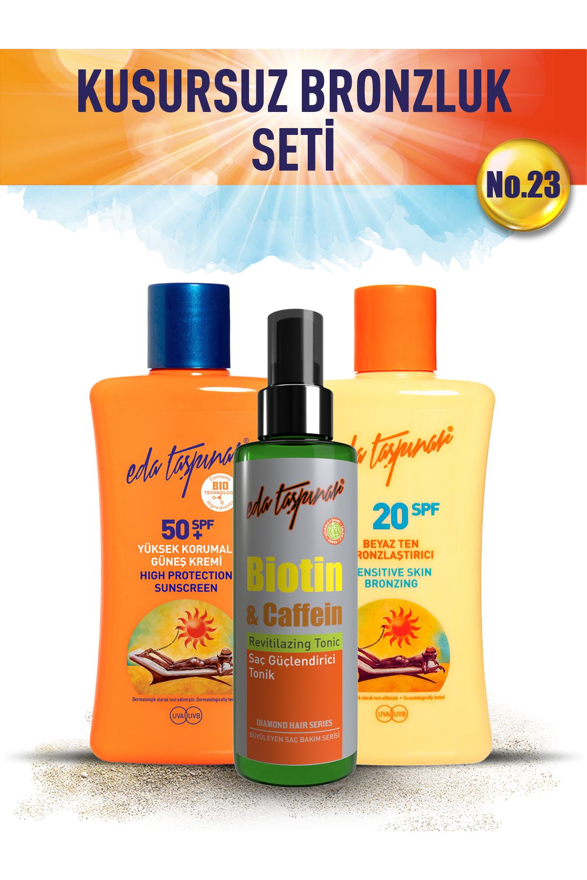 برنزه کننده مجموعه برنز کامل NO.23 BEYAZT+SPF50+BIOTIN EGX19 EGX38 EGX77 Eda Taşpınar