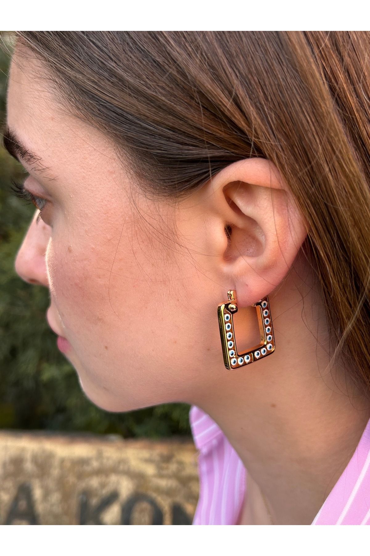 ByMerve-Bym082 Steel Water Resistant Square 3 Cm Blue Evil Eye Beaded Rose Gold Women's Steel Earrings 2
