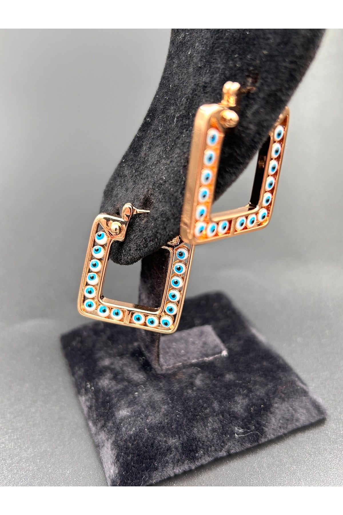 ByMerve-Bym082 Steel Water Resistant Square 3 Cm Blue Evil Eye Beaded Rose Gold Women's Steel Earrings 4