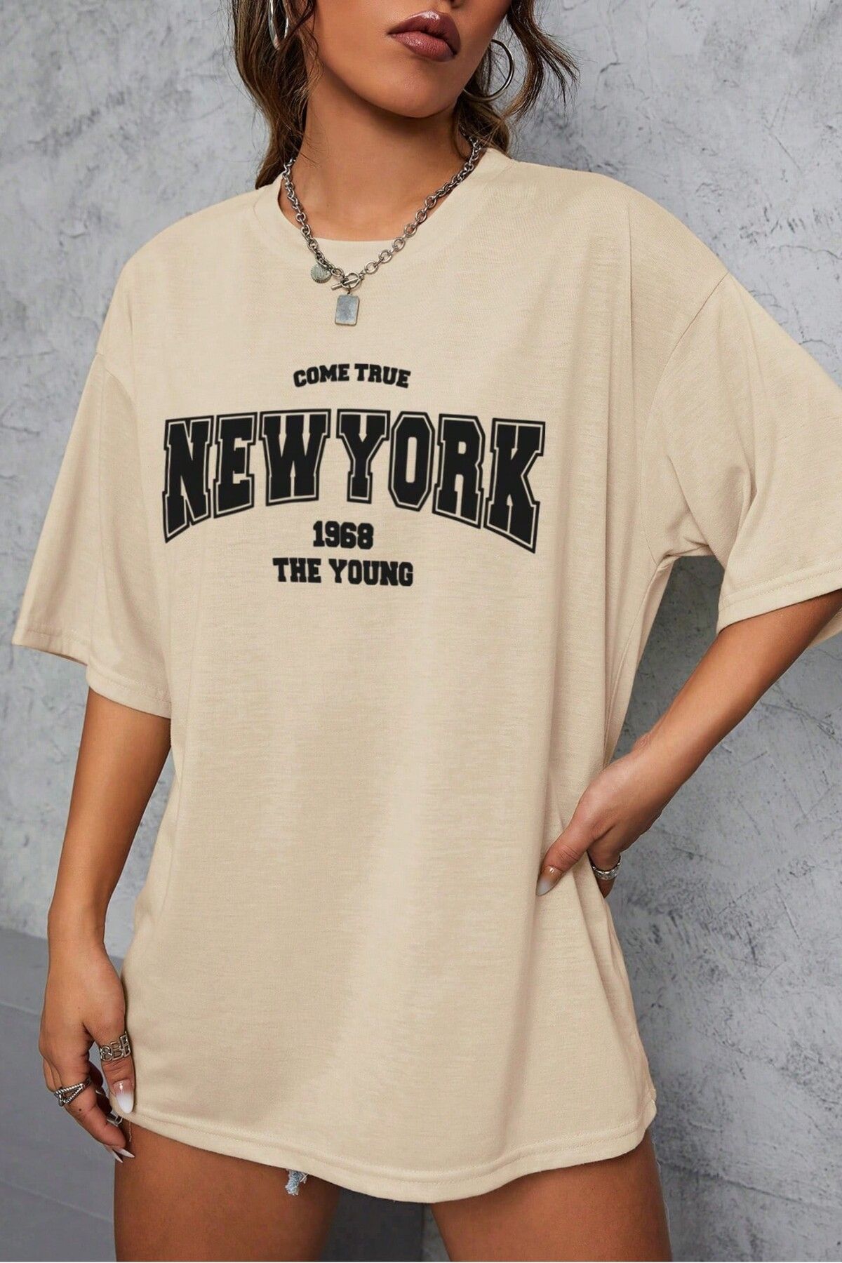 MODAGEN-Μπλουζάκι Unisex Beige Crew Neck New York Printed Oversize T-shirt 4