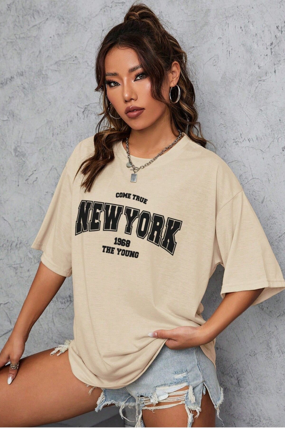 MODAGEN-Μπλουζάκι Unisex Beige Crew Neck New York Printed Oversize T-shirt 3