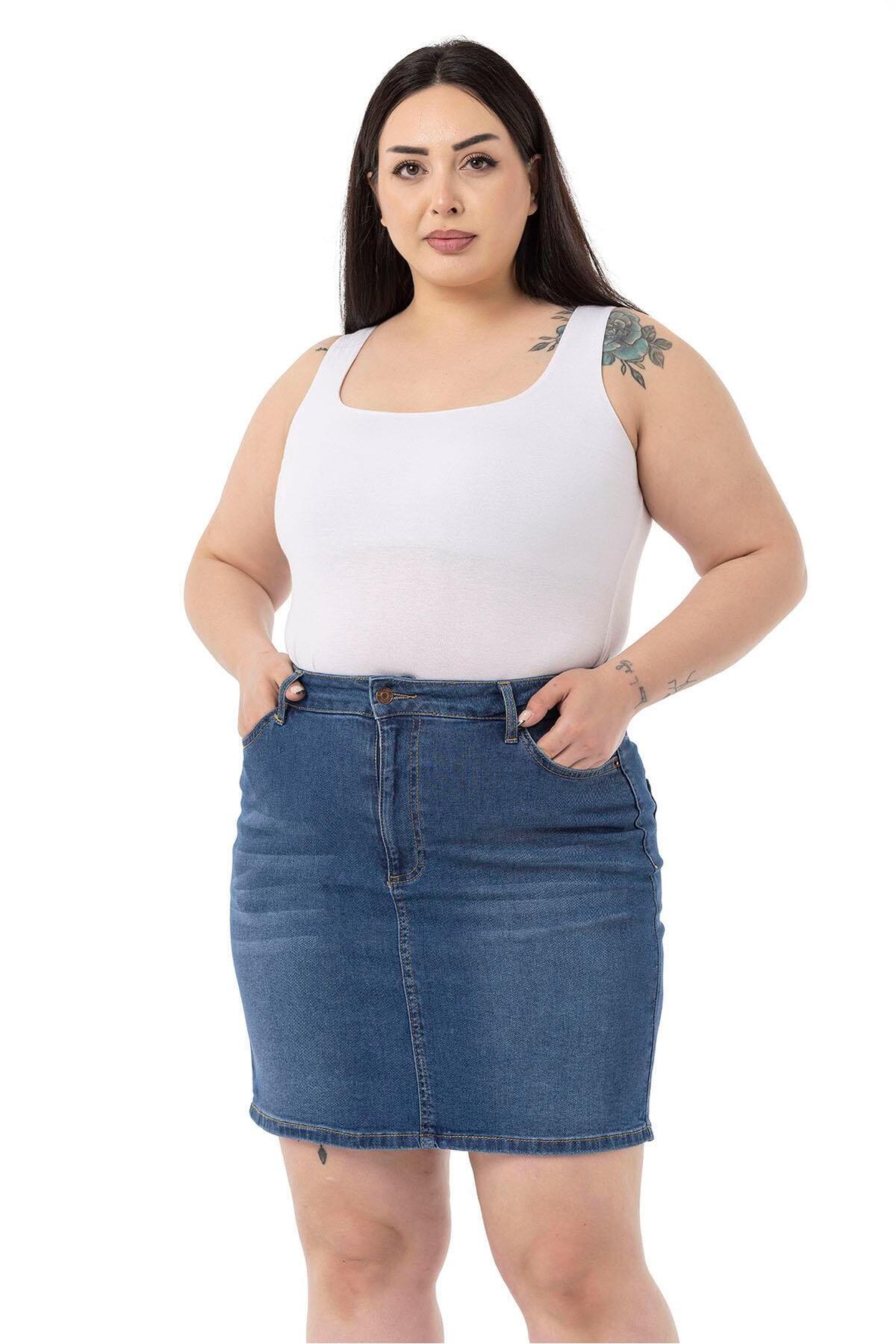 DISENTIS MODEST  Büyük Beden Taşlama Detaylı Beş Cepli Mavi Mini Denim Etek - Görsel 3