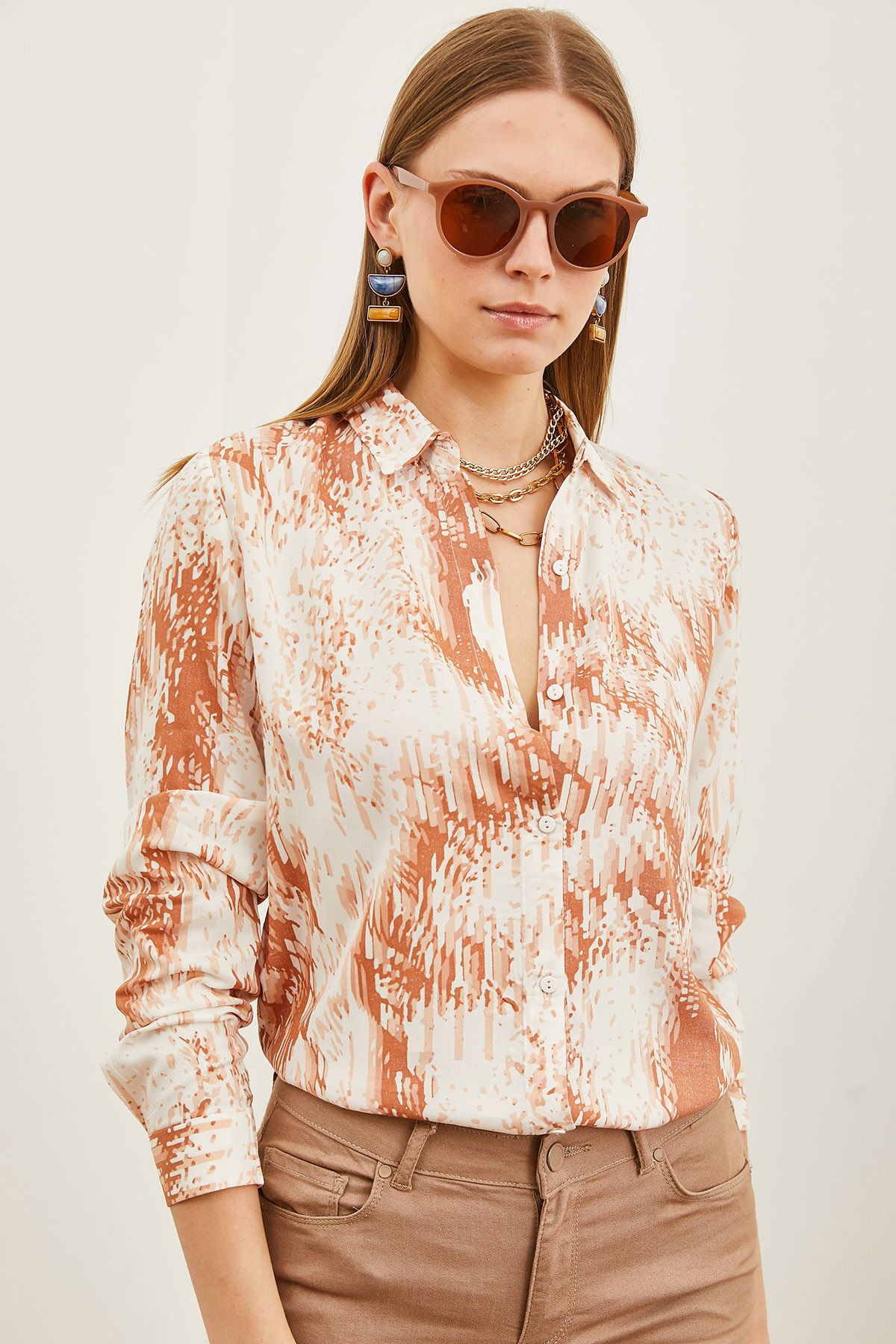 Olalook-Women's Geometric Tan Patterned Woven Viscose Shirt GML-19001204 3