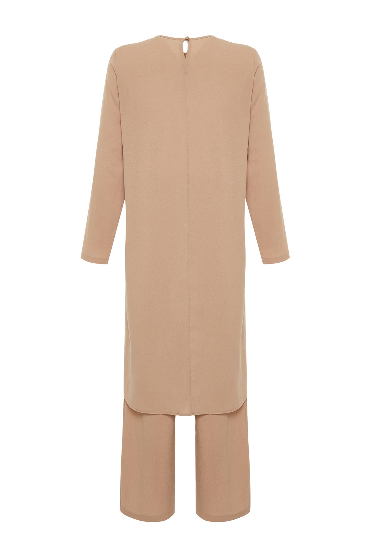 Trendyol Modest-Béžová asymetrická tkaná tunika kalhoty, vrchní a spodní sada TCTSS24US00074 8