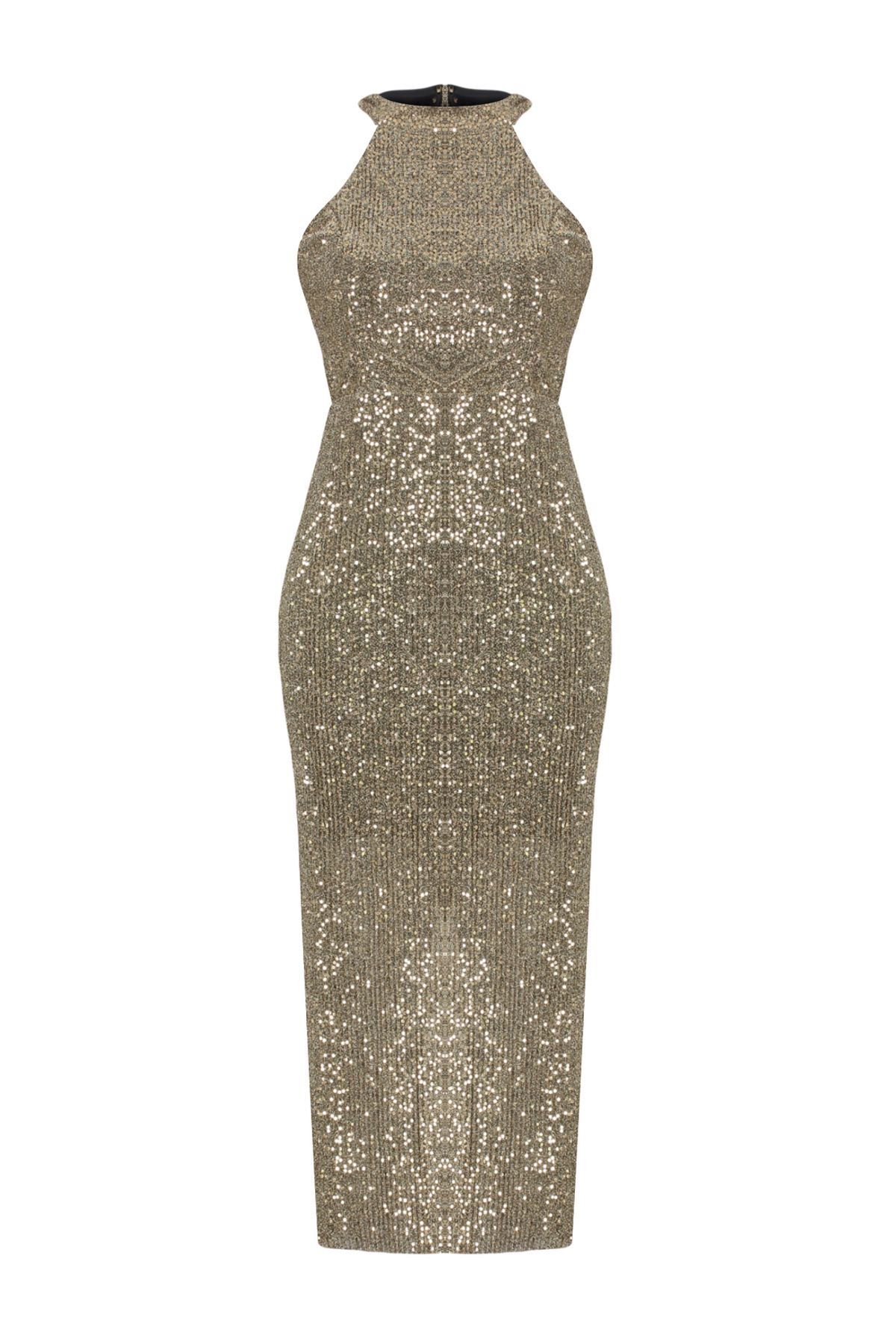 Trendyol Collection-Stylish Gold Evening Dress with Sparkling Sequins - Lined, Fitted TPRAW24EL00233 7