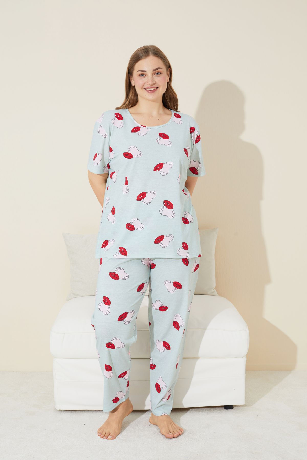 Siyah İnci-green heart lip pattern Knitted Curve Plus Size Battal Length Pajama Set 2