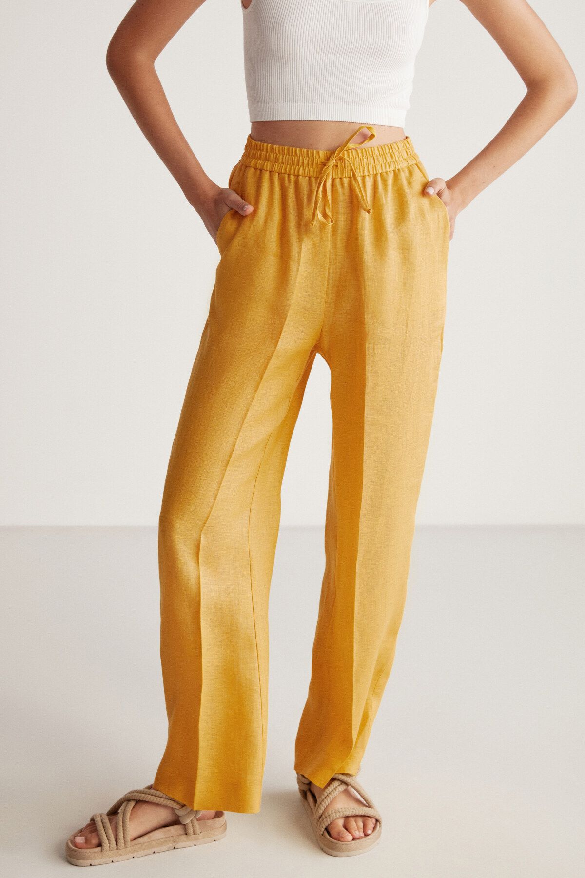 GRIMELANGE A lna Women 100 Linen Relaxed Fit Elastic Waist Yellow Trousers Trendyol